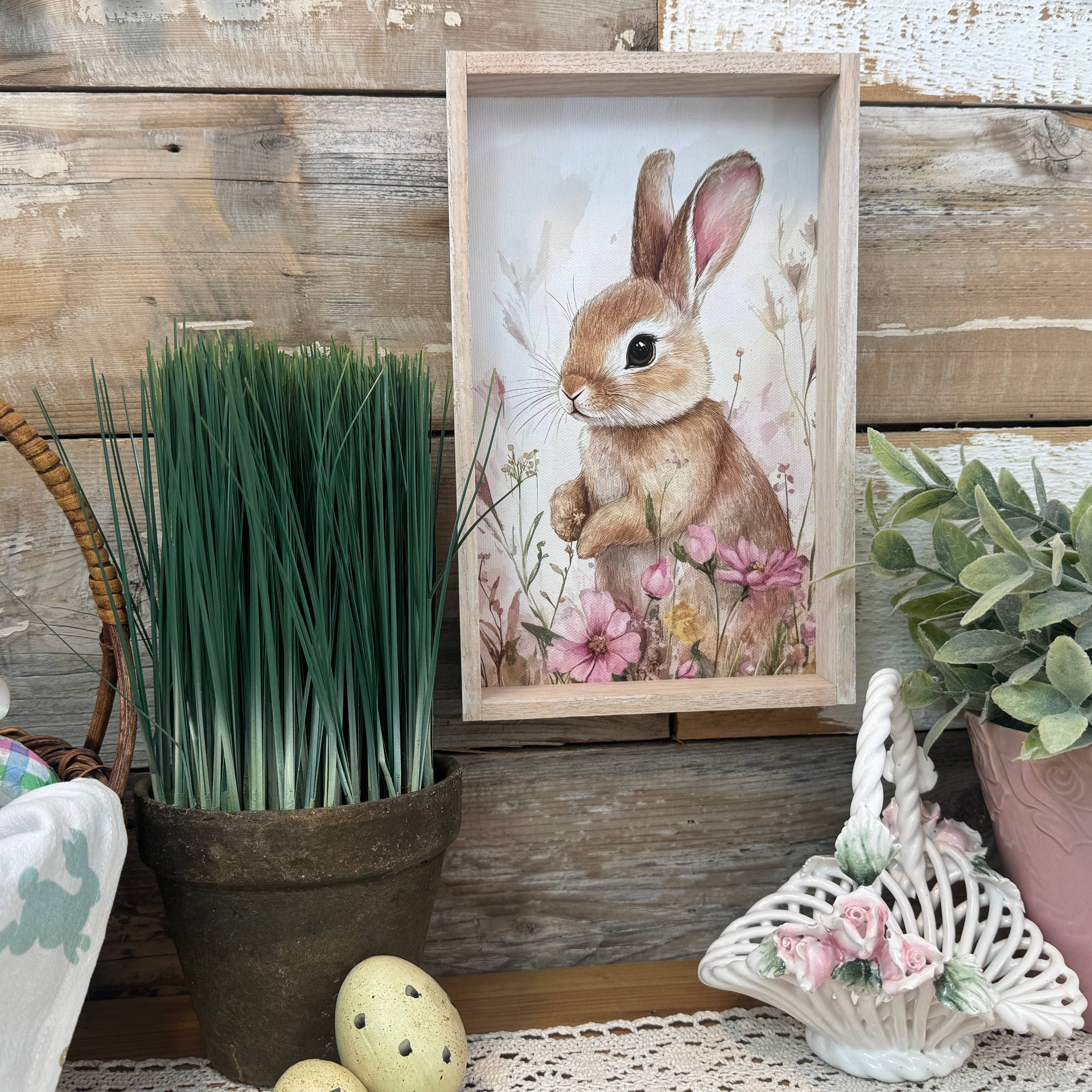 Sweet Brown Bunny Pink Flowers - Bunny Canvas Art - Framed