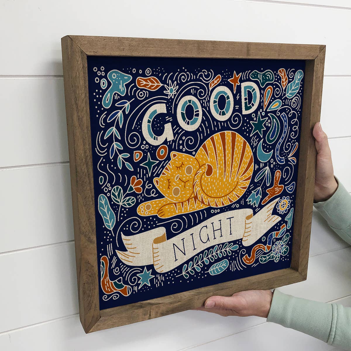 Folk Good Night Cat - Folk Animal Canvas Art - Bedroom Decor