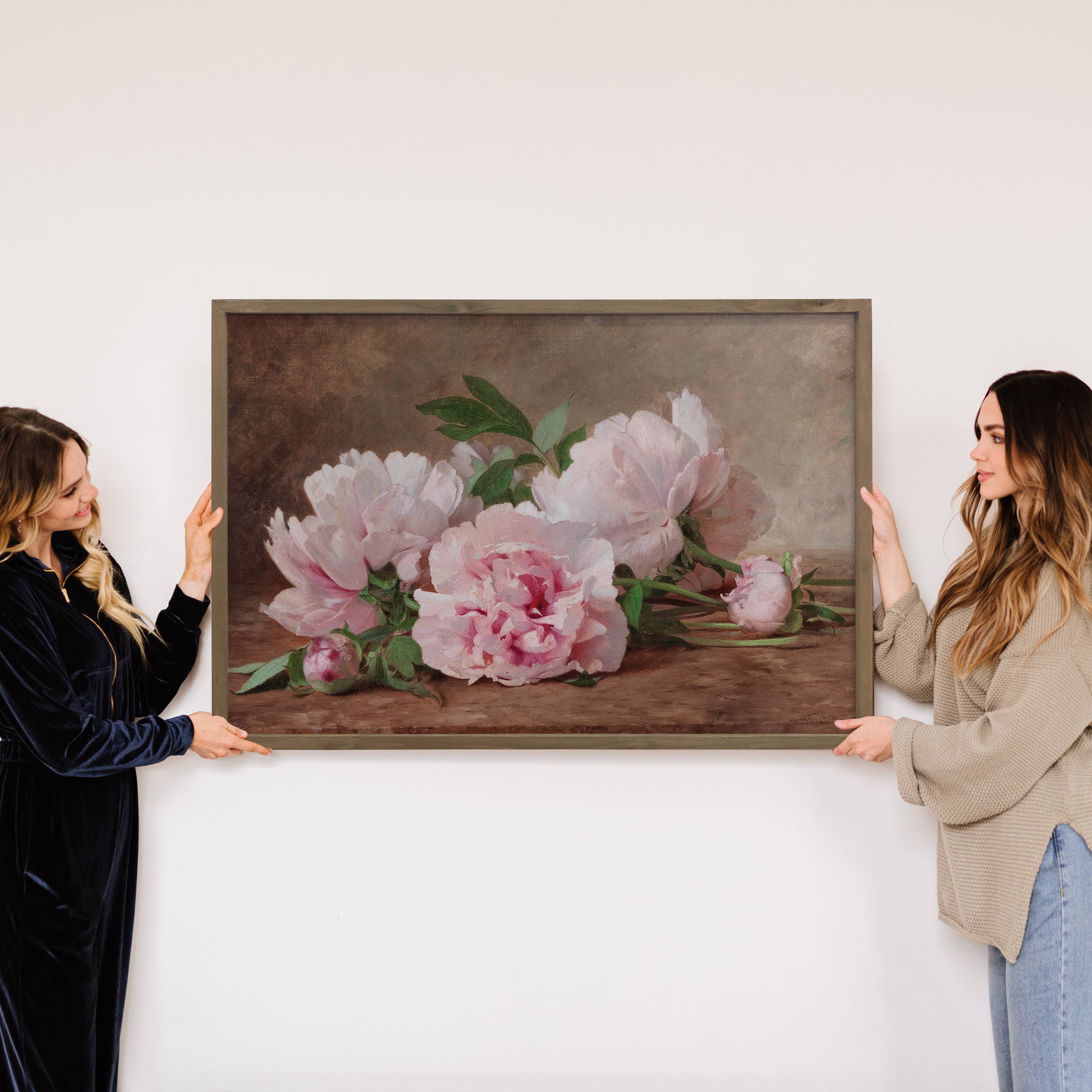 Pink Peonies Vintage Still Life - Flower Canvas Art - Framed