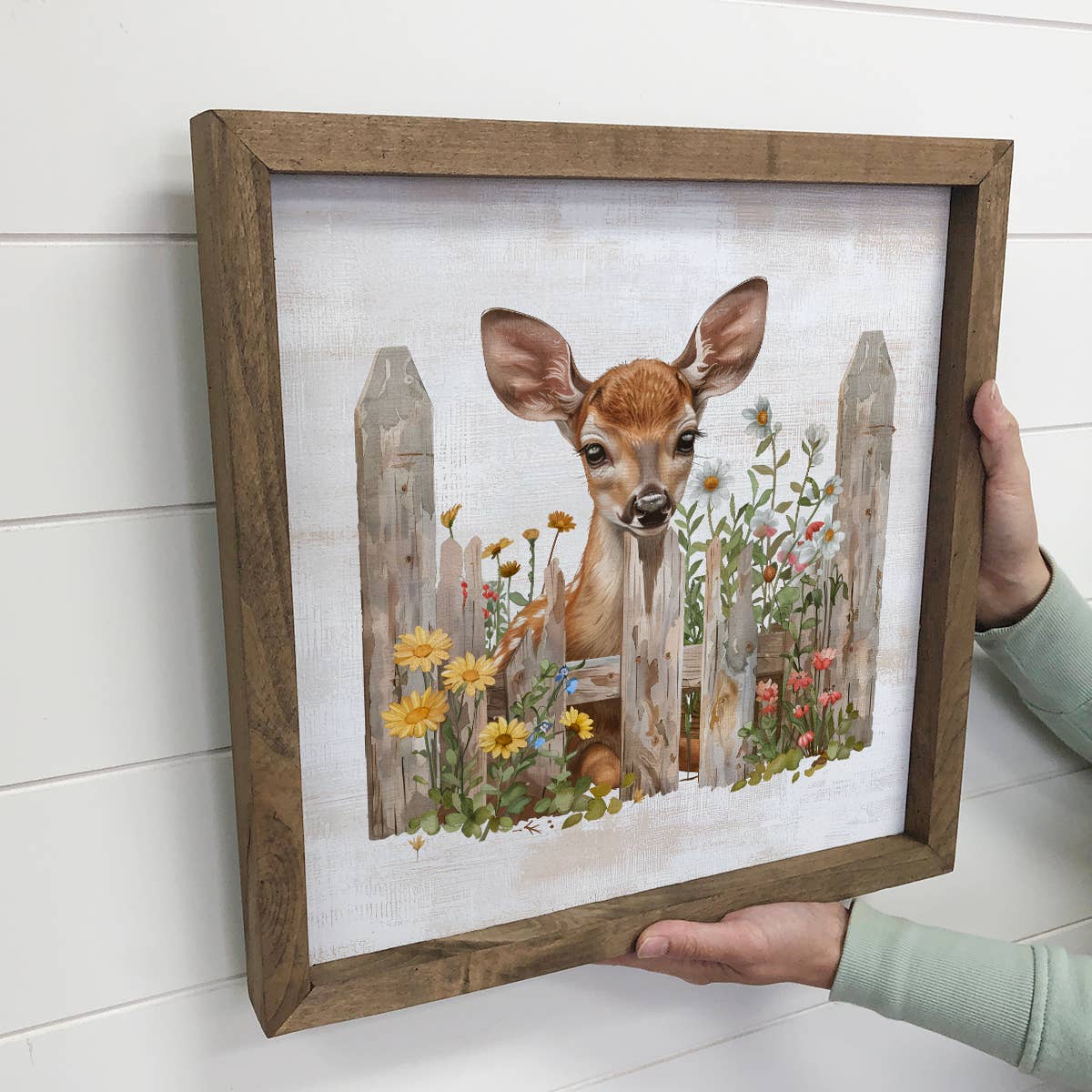 Deer Over Fence with Flowers - Deer Canvas Wall Art - Framed