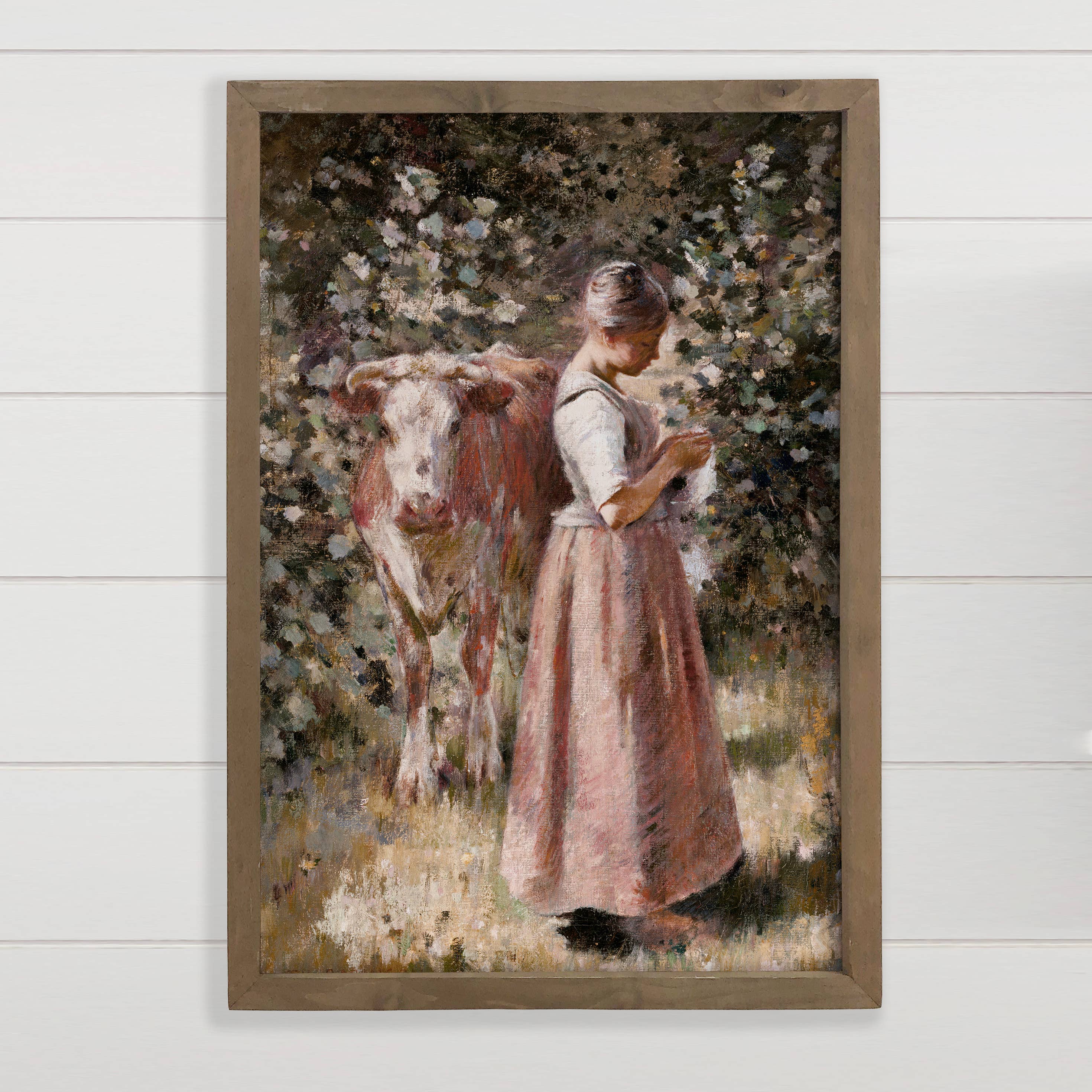 Milk Maid Girl and Cow - Farmhouse Canvas Art - Wood Framed