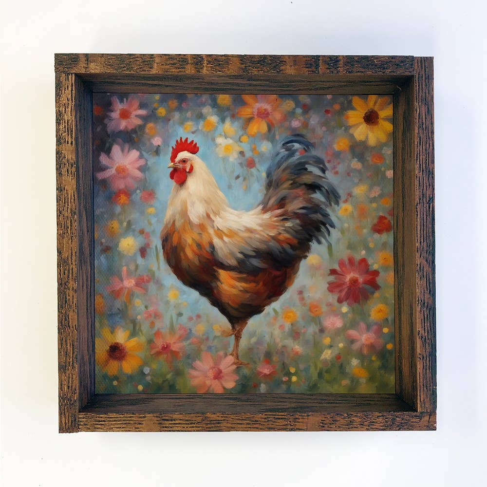 Colorful Floral Chicken - Wood Framed Farmhouse Canvas Art