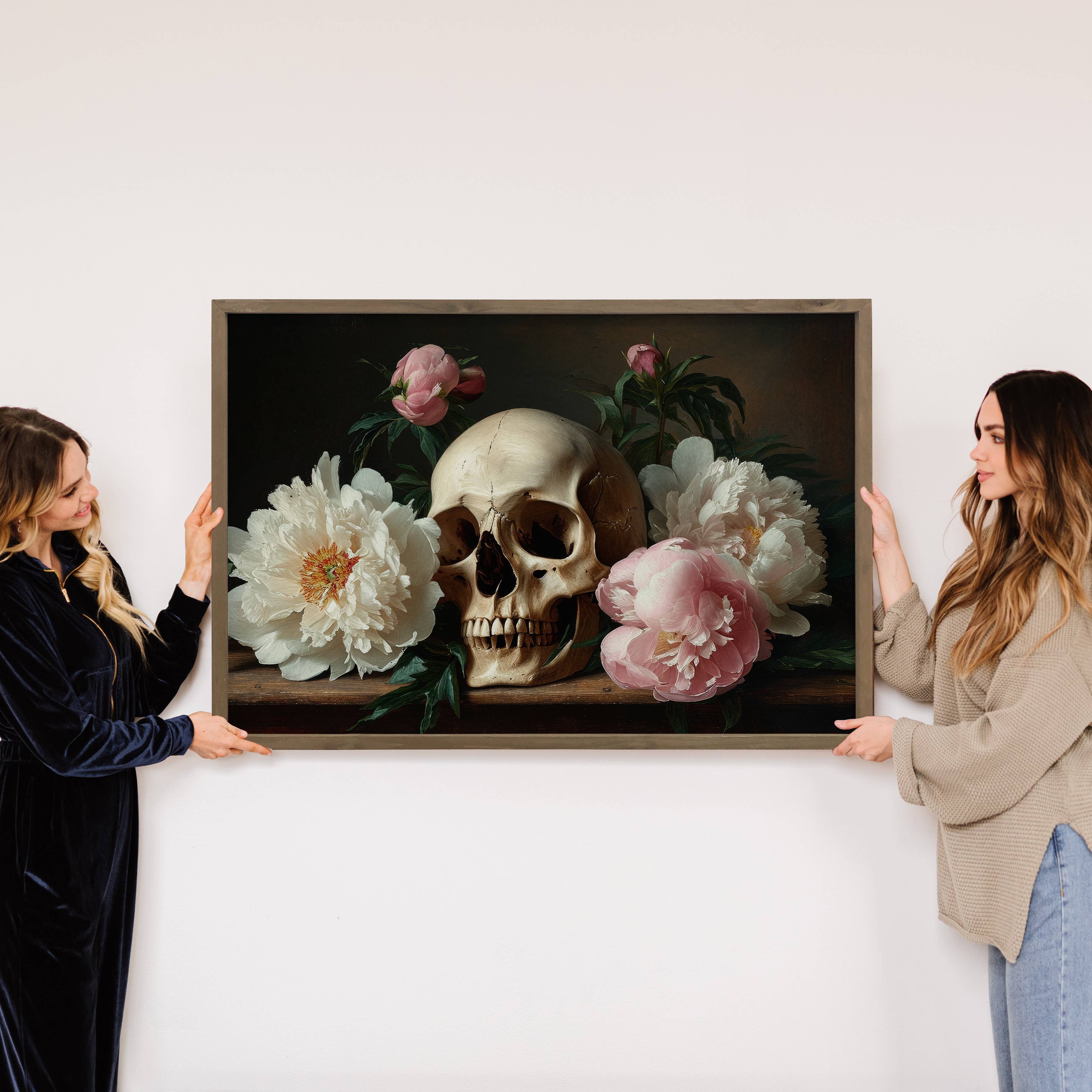 Skull with White & Pink Peonies - Skull and Flower Wall Art