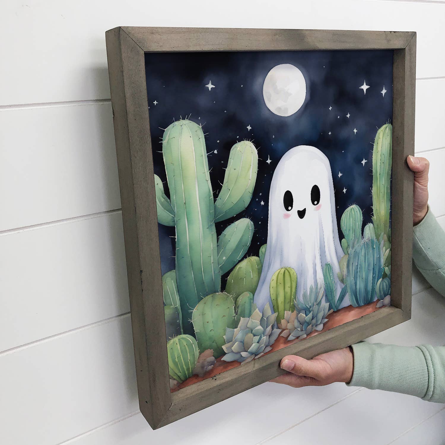 Cute Ghost with Cactus - Halloween Canvas Art - Wood Framed