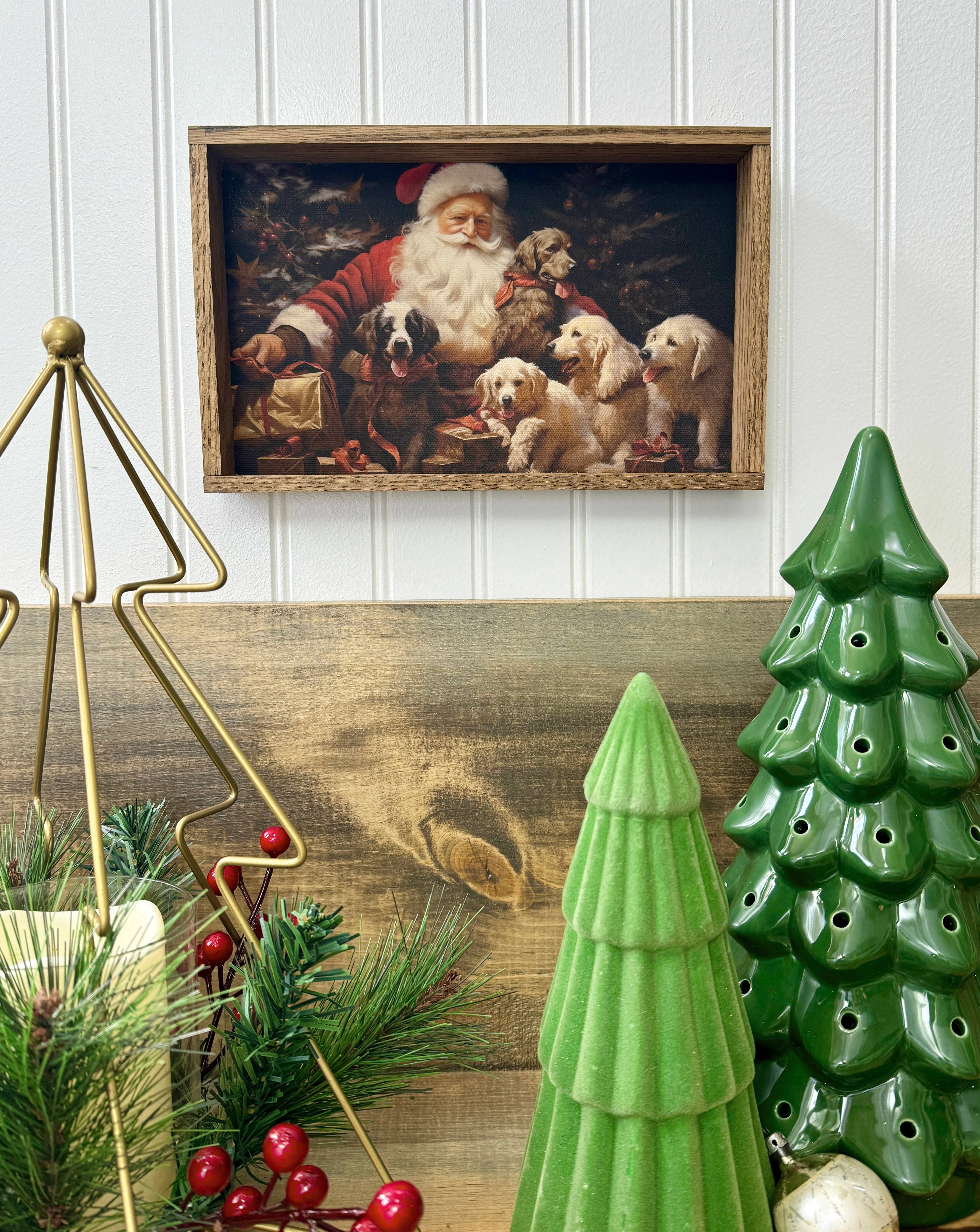 Santa with Dogs - Santa Canvas Art - Wood Framed Wall Art