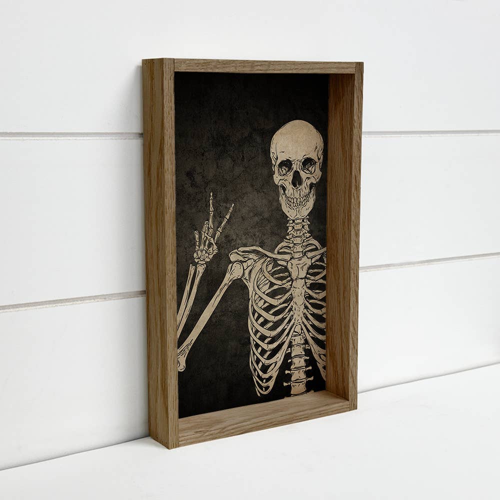 Skeleton Peace Hand Sign - Skeleton Canvas Art - Framed Art