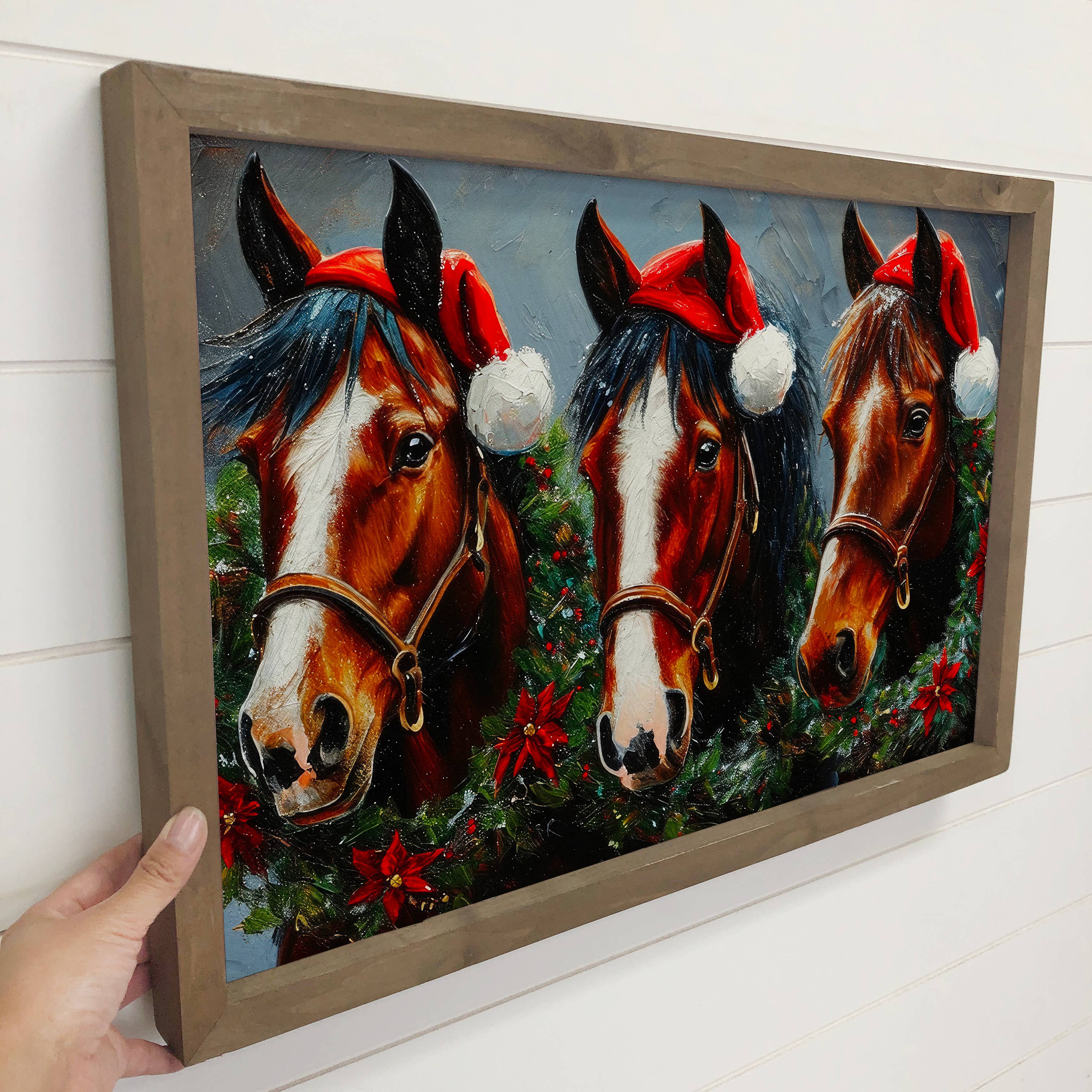 Three Christmas Horses - Christmas Canvas Art - Wood Framed