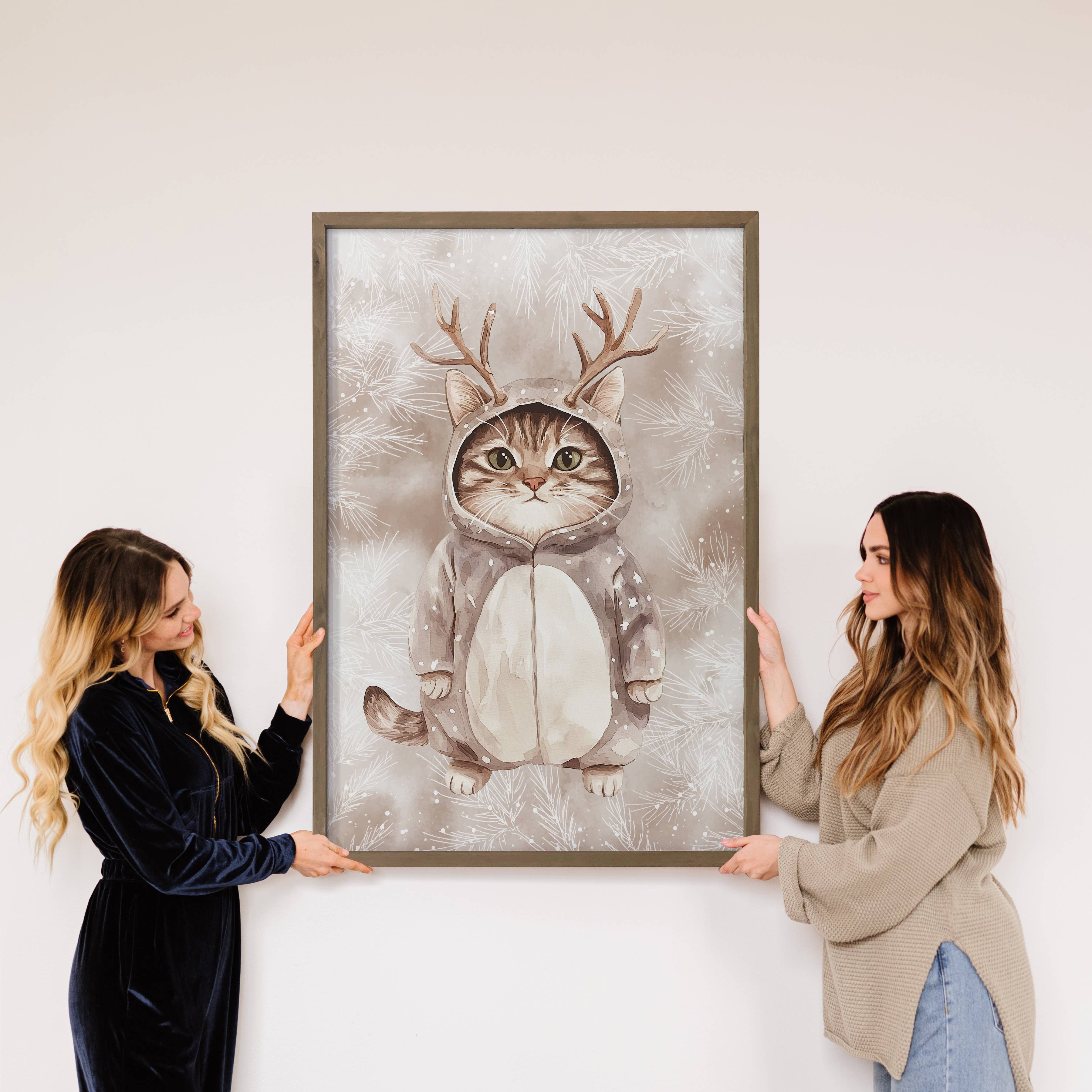 Cat Deer Snowsuit - Funny Winter Animal Canvas Art - Framed