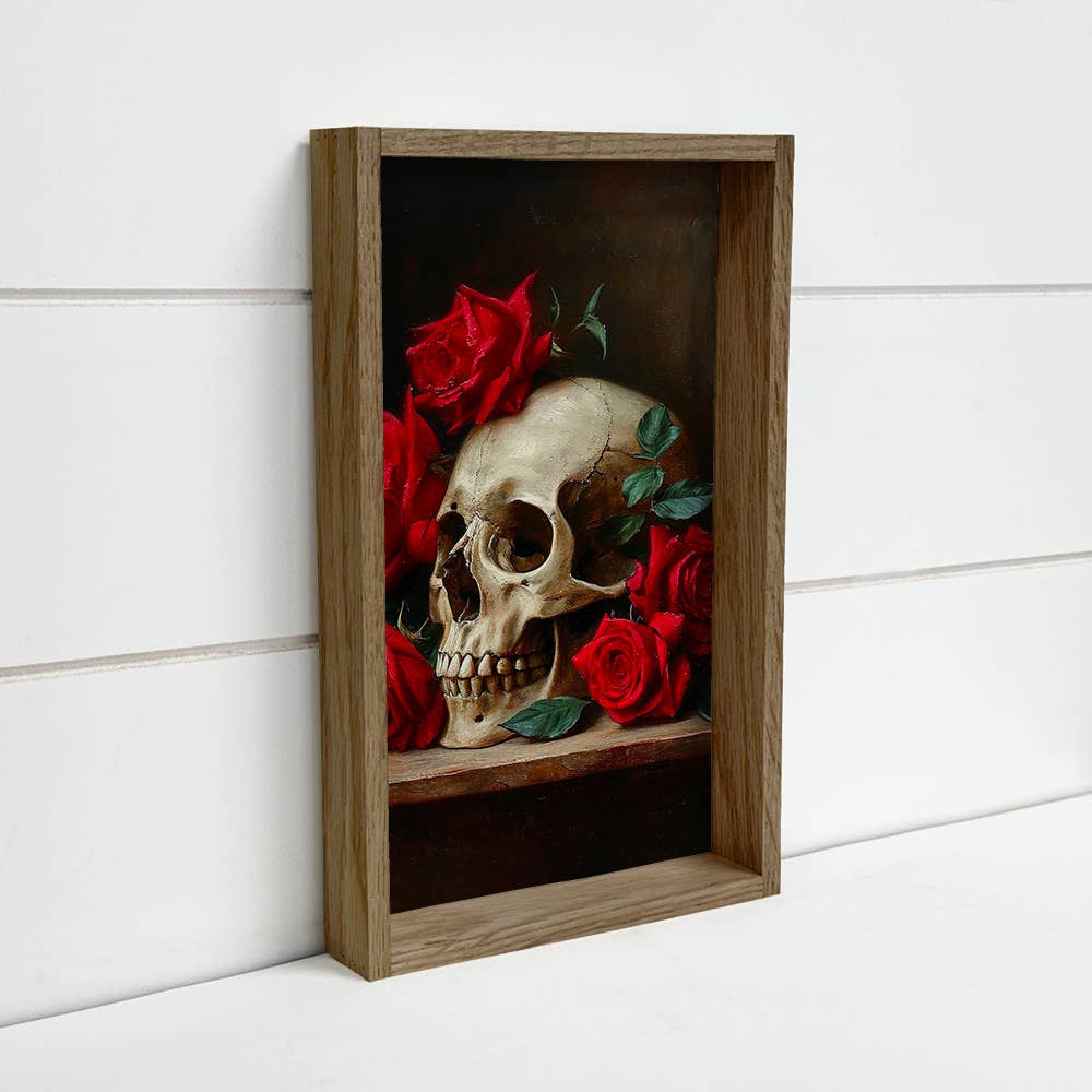 Skull with Red Roses - Skull Canvas Art - Wood Framed Decor
