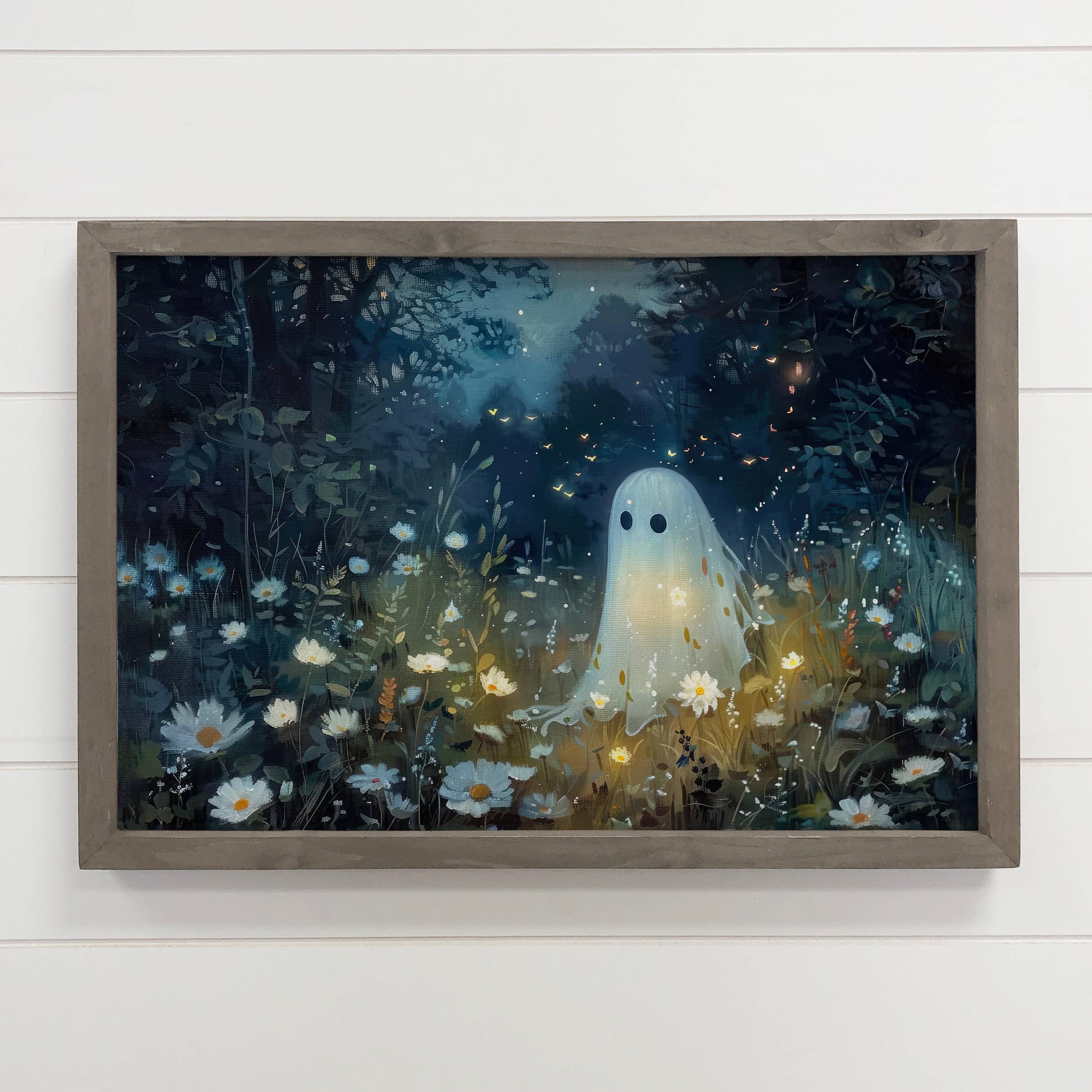 Cute Ghost in the Dark Meadow - Ghost Canvas Art - Framed