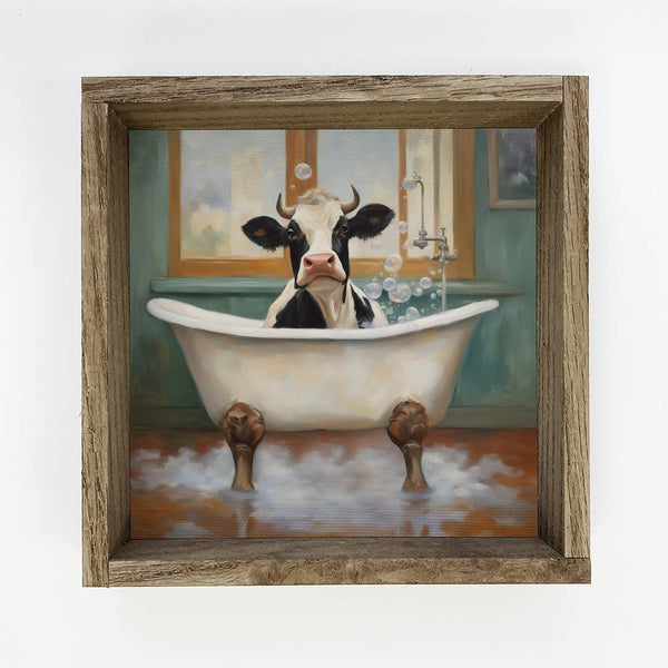 Cow in Bathtub - Cute Animal Wall Art - Wood Framed Canvas