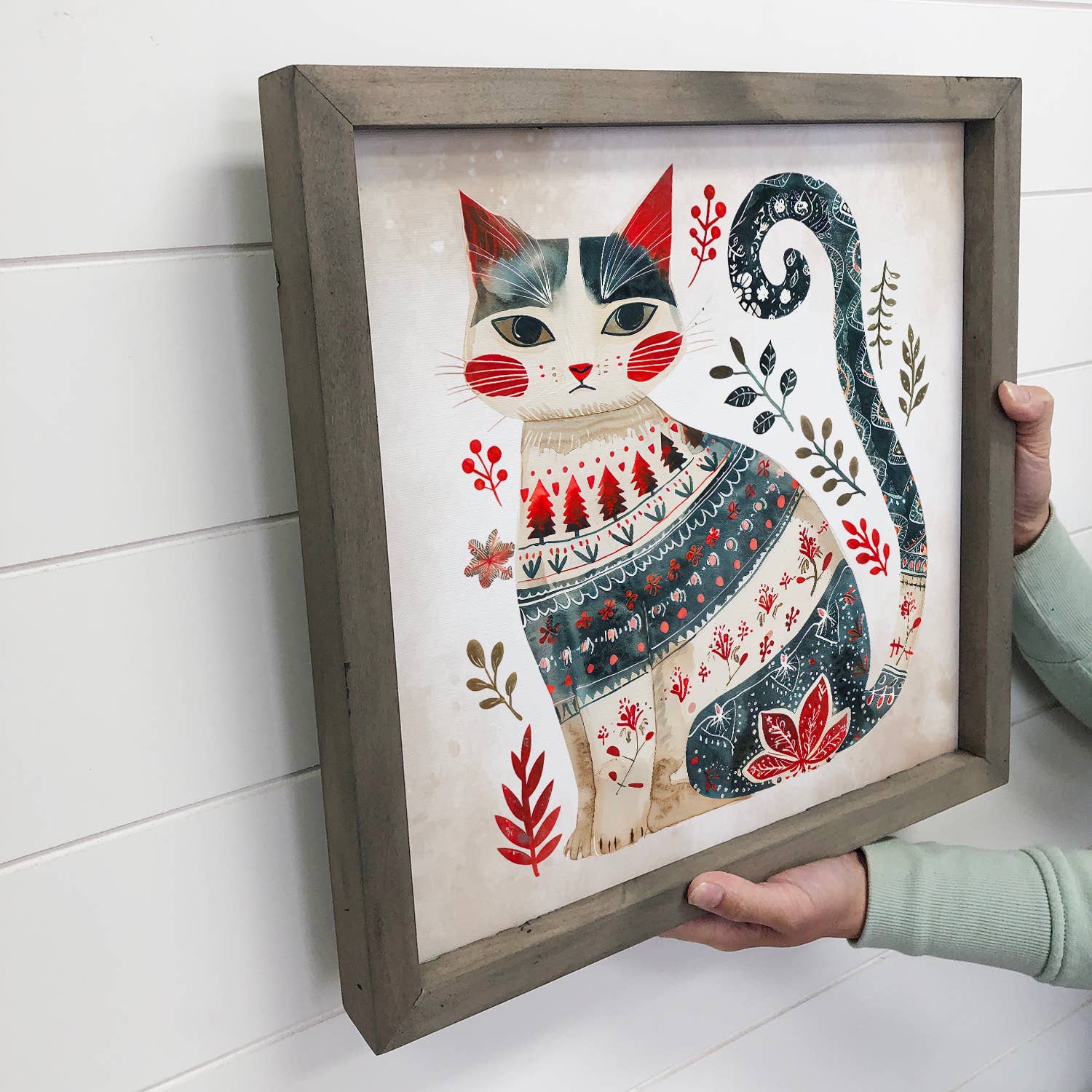 Scandi Watercolor Winter Cat - Winter Canvas Art - Framed