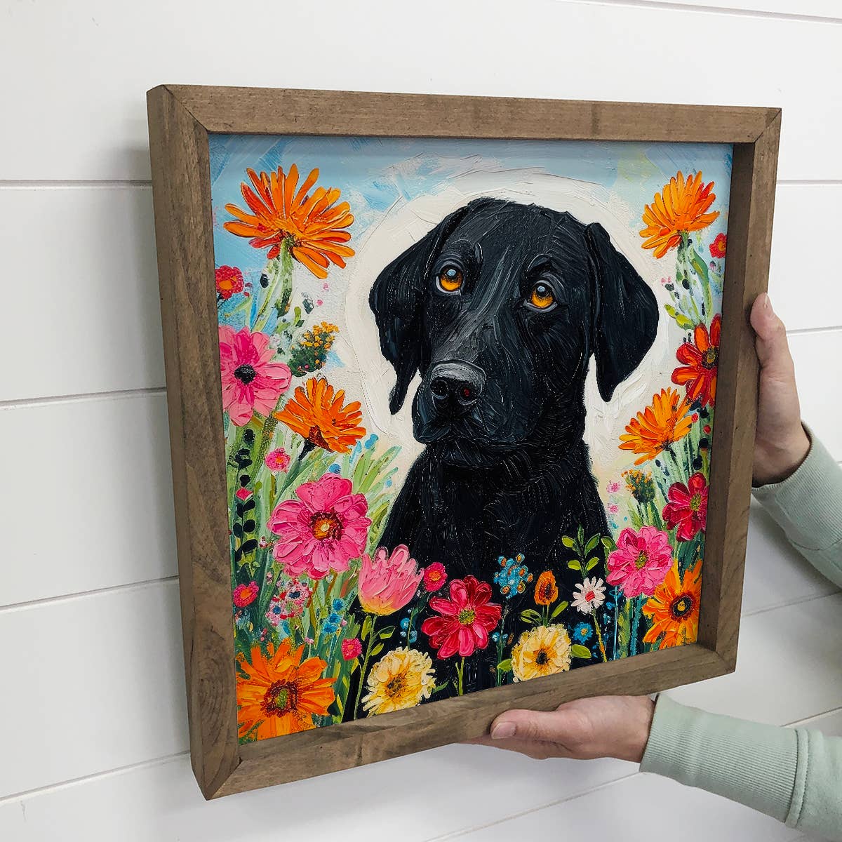 Black Lab in Wildflowers - Dog Canvas Art - Wood Framed Art
