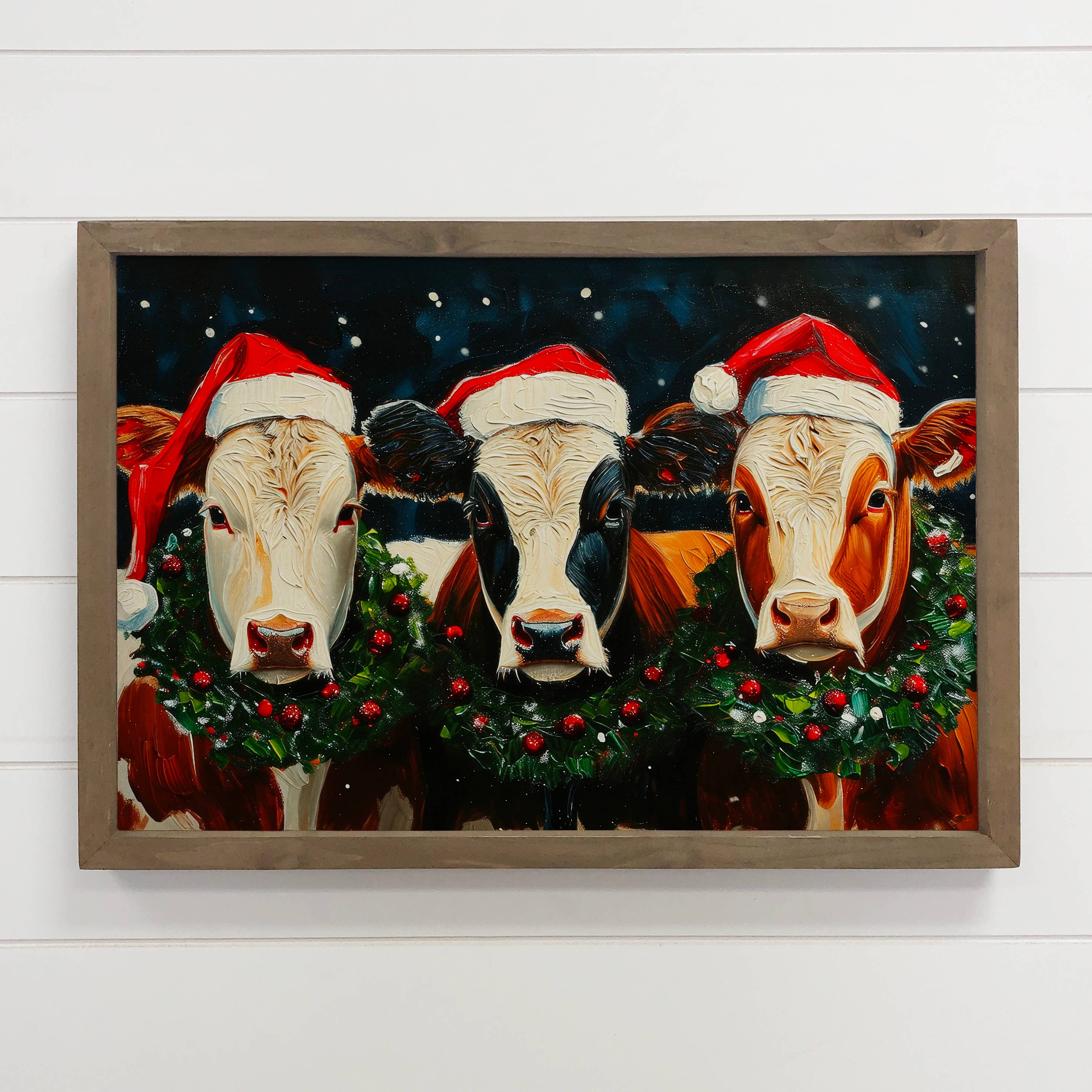 Three Christmas Cows - Christmas Canvas Art - Wood Framed
