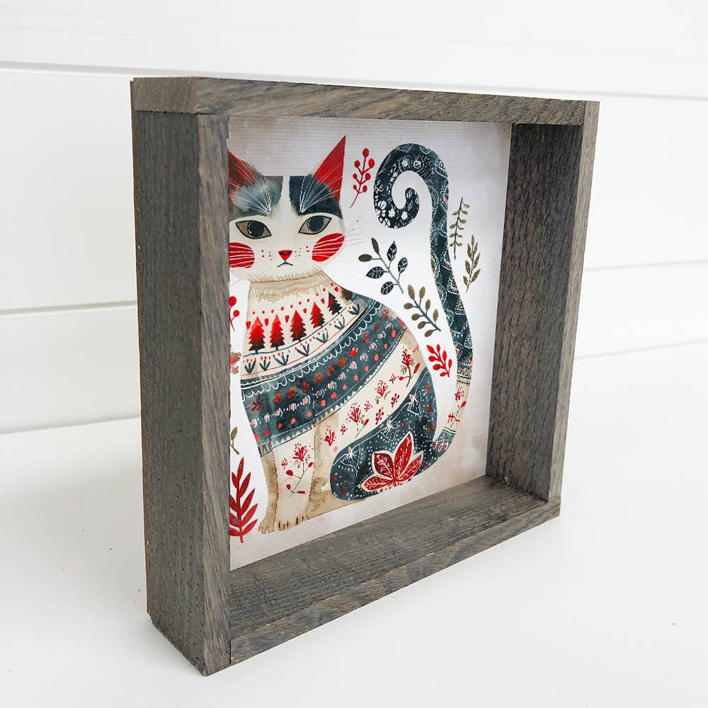Scandi Watercolor Winter Cat - Winter Canvas Art - Framed
