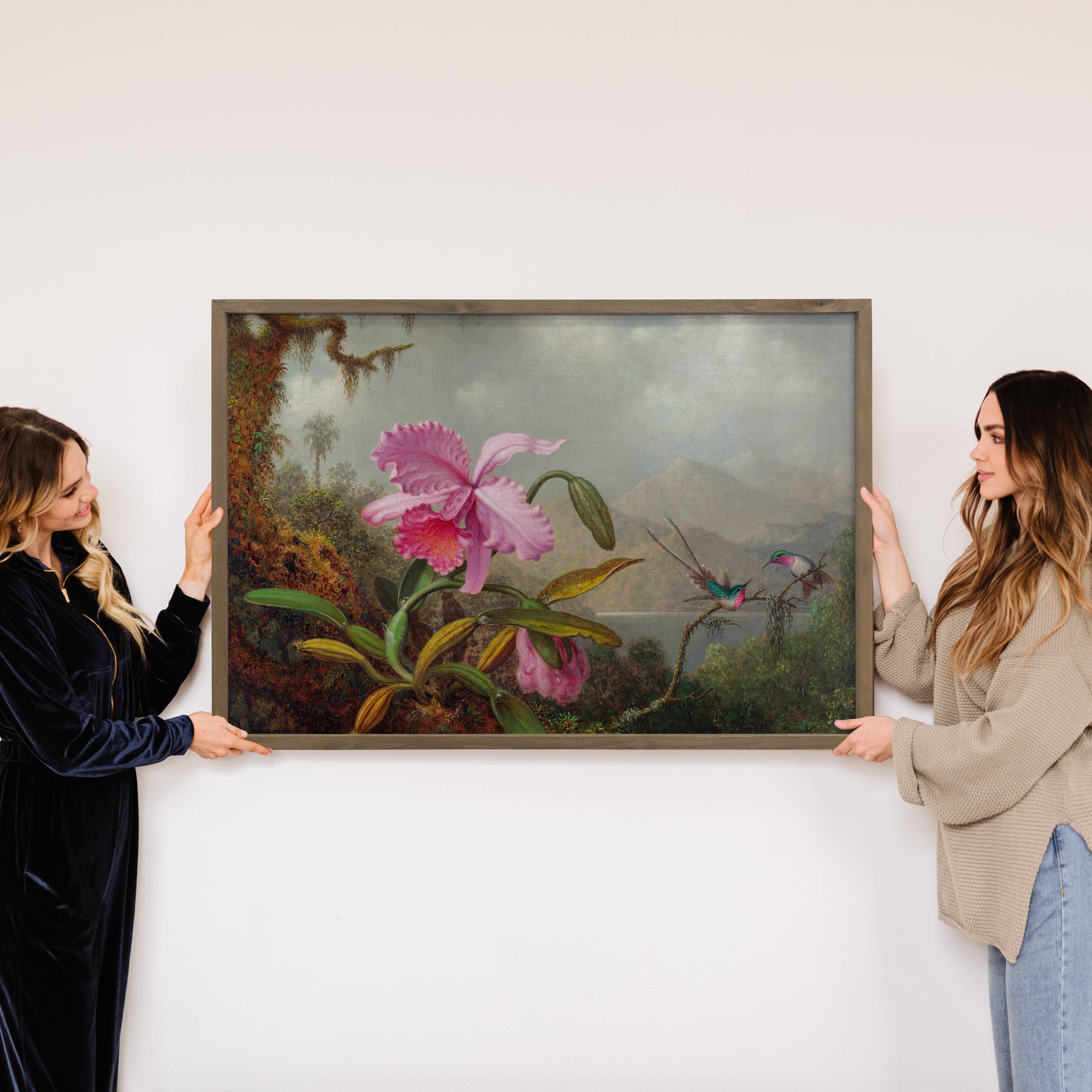 Orchids Hummingbirds - Bird Canvas Art - Wood Framed Decor
