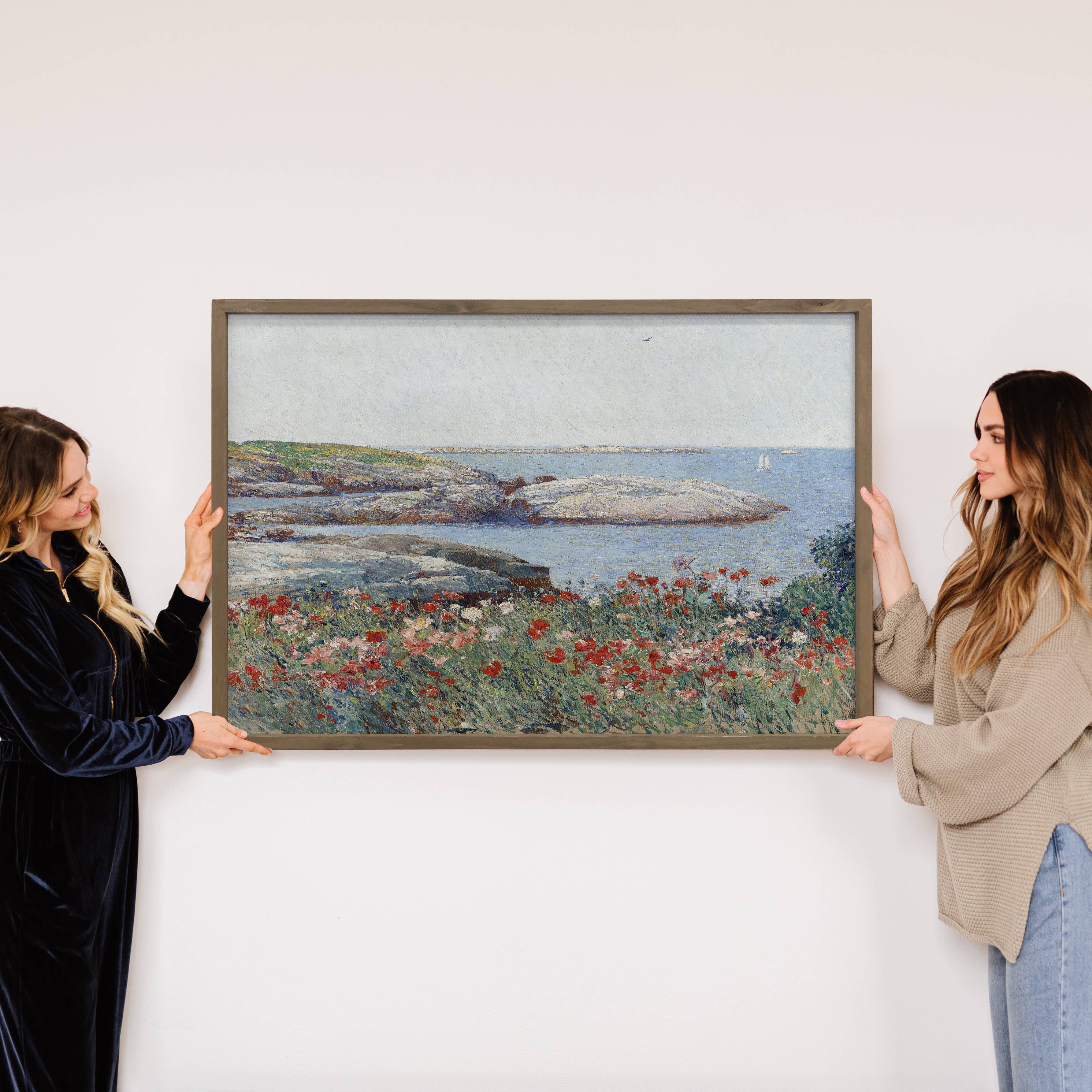 Poppies at the Bay - Flower Scene Canvas Art - Wood Framed