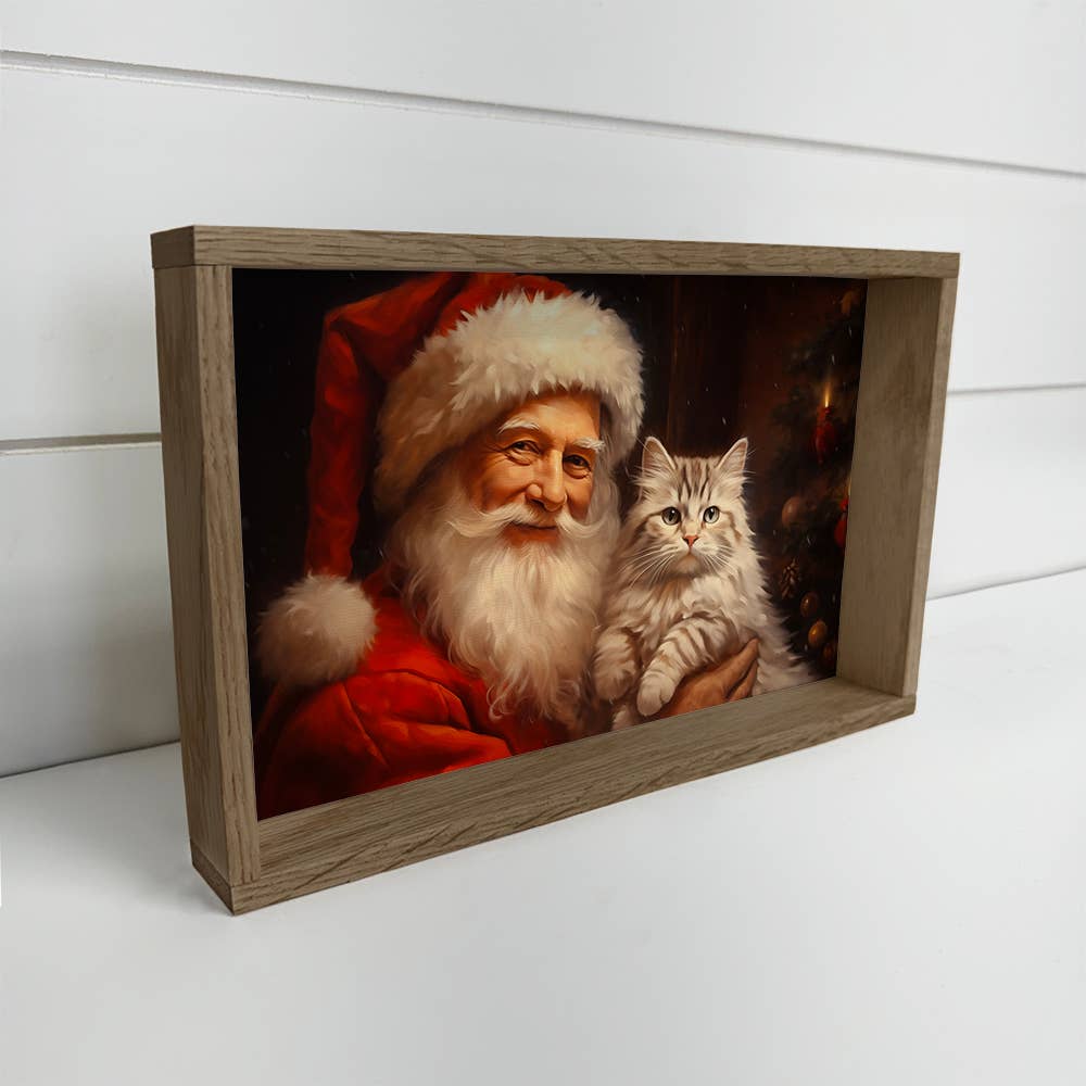 Santa and Fluffy White Cat - Christmas Canvas Art - Framed