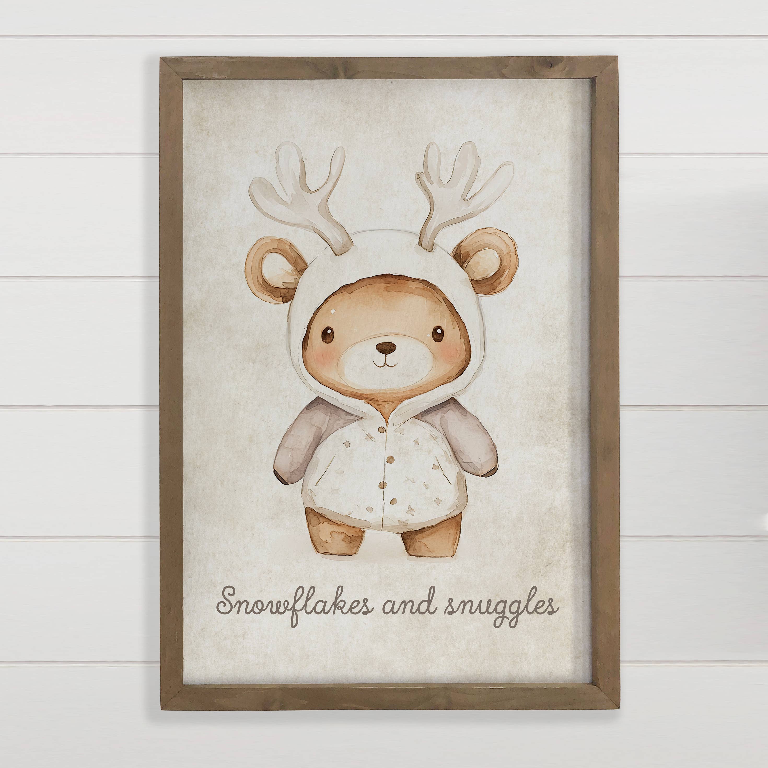 Bear Antlers Snowflake and Snuggles - Cute Bear Canvas Art