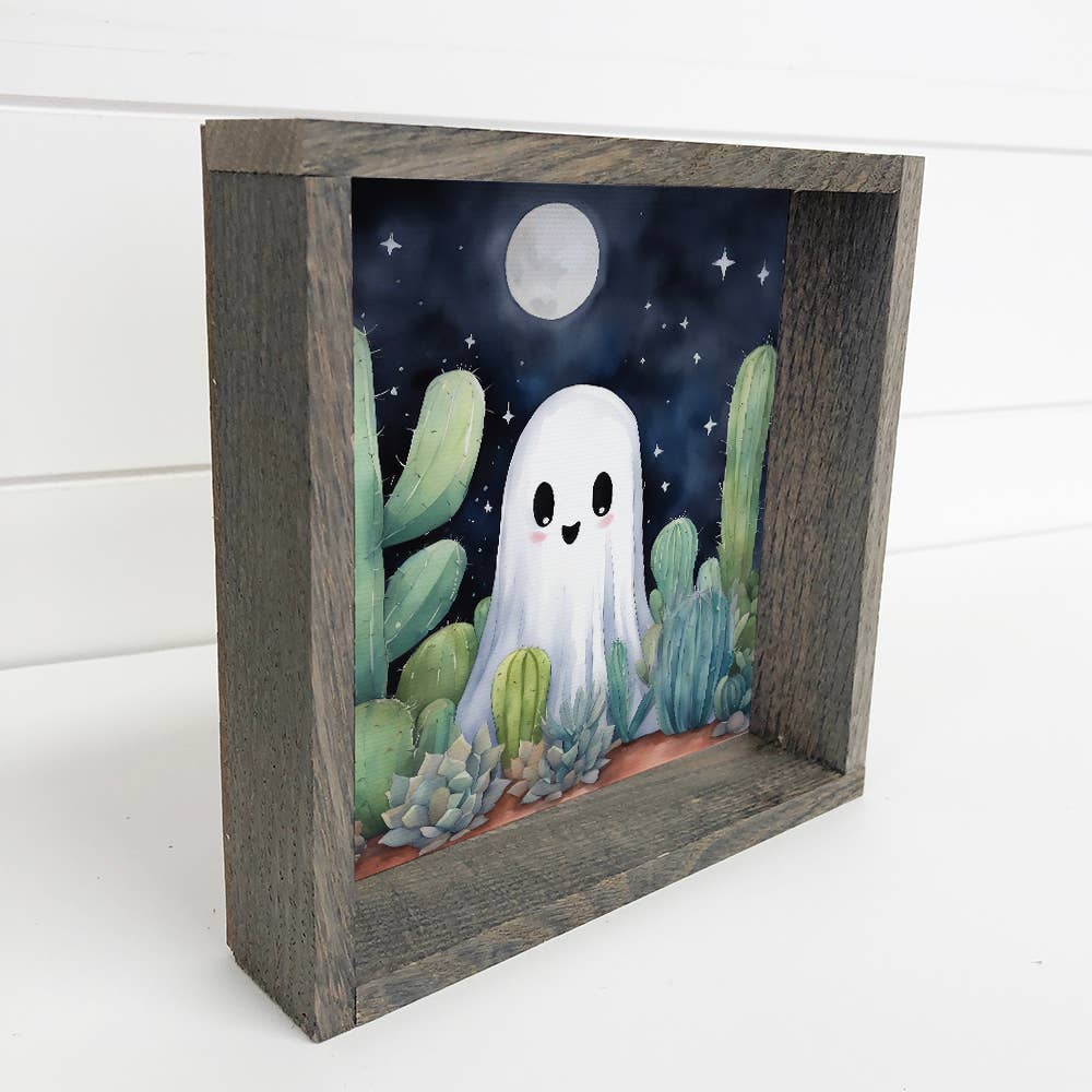 Cute Ghost with Cactus - Halloween Canvas Art - Wood Framed
