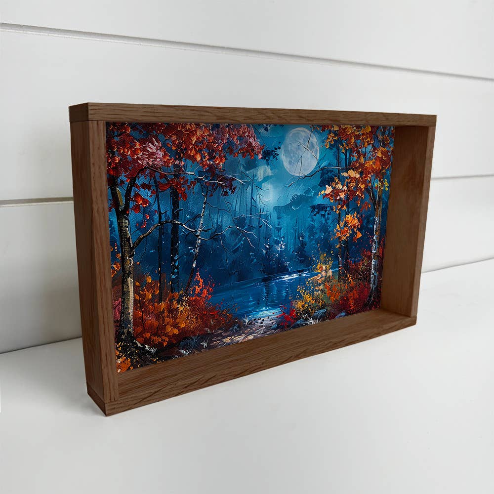 Autumn Lake Trees with Moon - Cabin Wall Art- Wood Framed