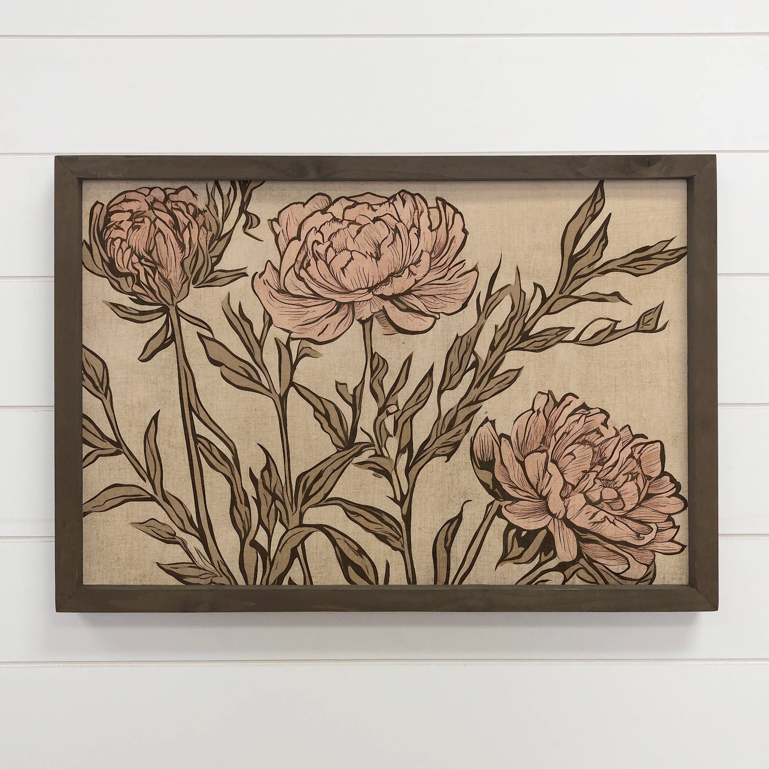 Peony Linocut - Floral Canvas Art - Wood Framed Farmhouse