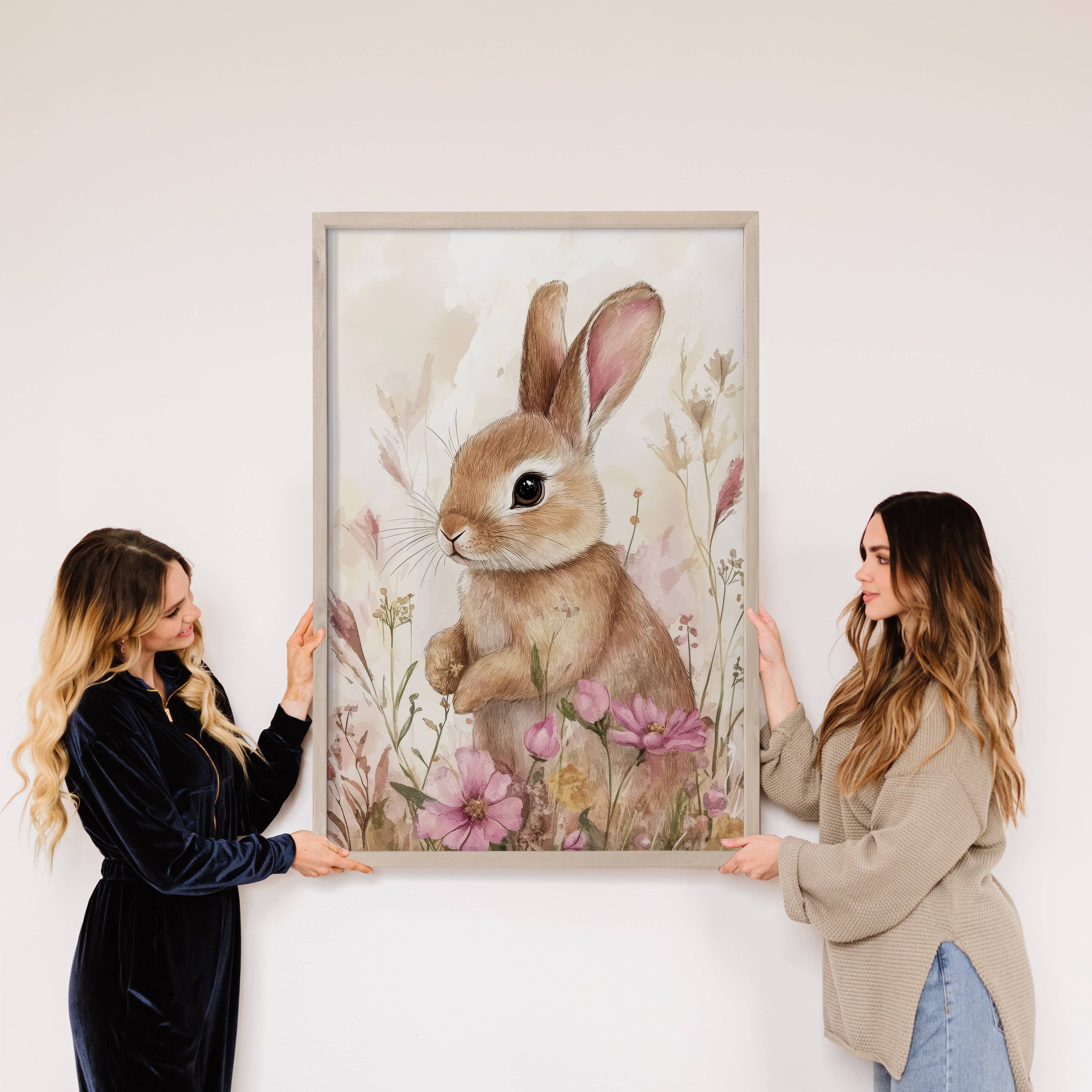 Sweet Brown Bunny Pink Flowers - Bunny Canvas Art - Framed