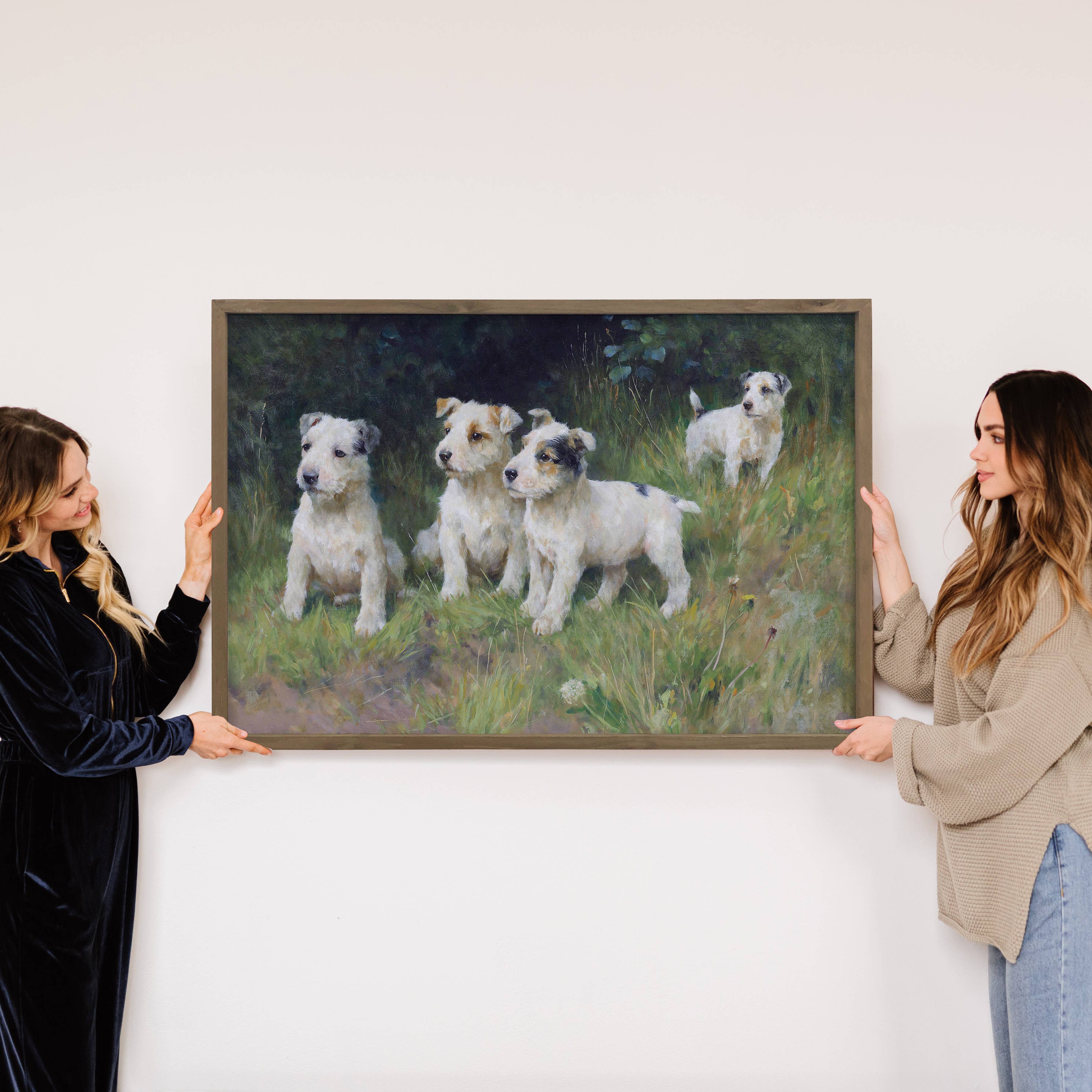 Terrier Pups in Grass - Puppy Canvas Art - Wood Framed Art