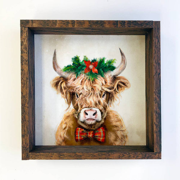 Highland Cow in Christmas Wreath Holiday Farm Small Decor