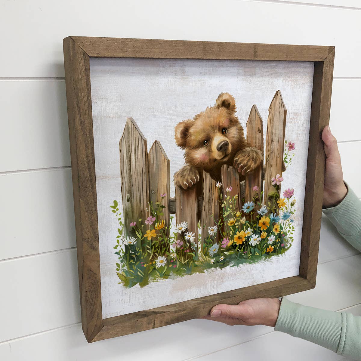 Bear Over Fence with Flowers - Bear Canvas Art - Wood Framed