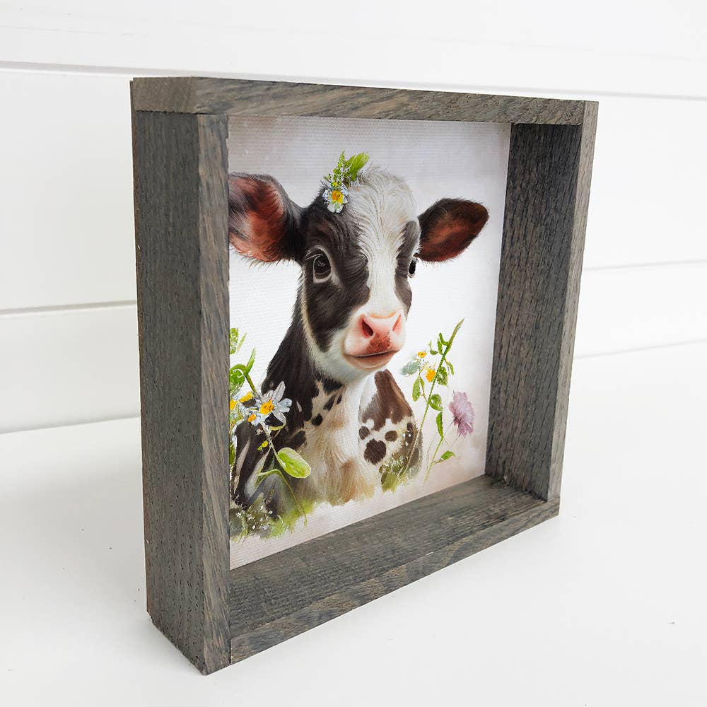 Cute Farmhouse Sign-White & Black Cow with Garden of Flowers