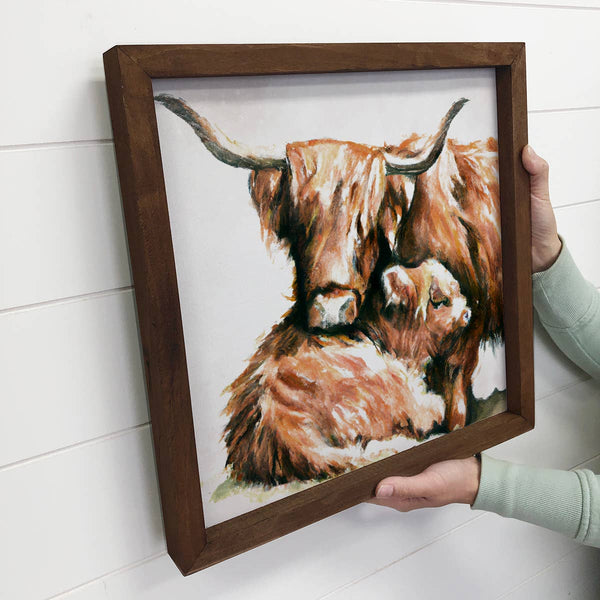 Mama and Baby Highland Cow Cuddling - Wood Sign