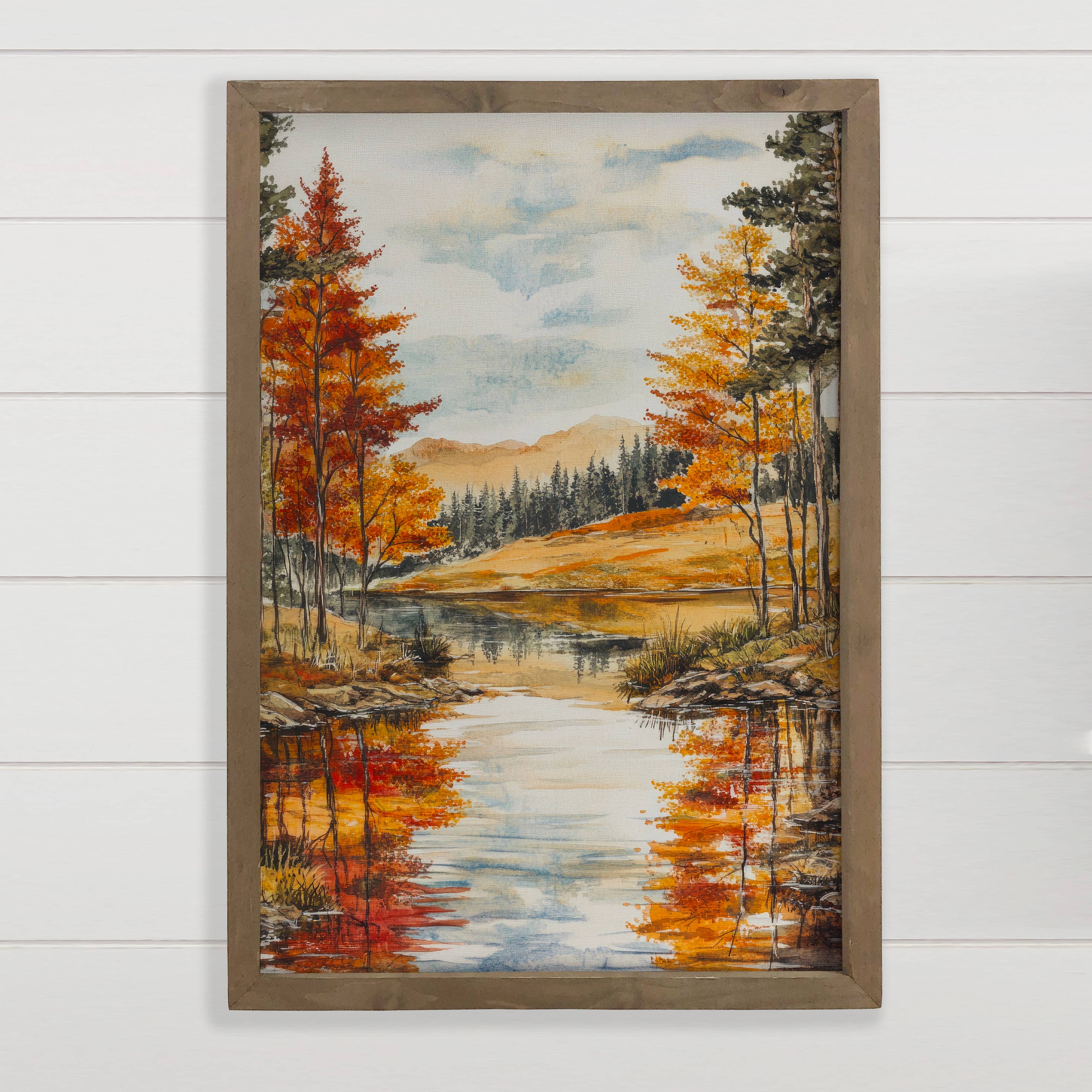 Changing Seasons River Woods - Mountain Canvas Art - Framed
