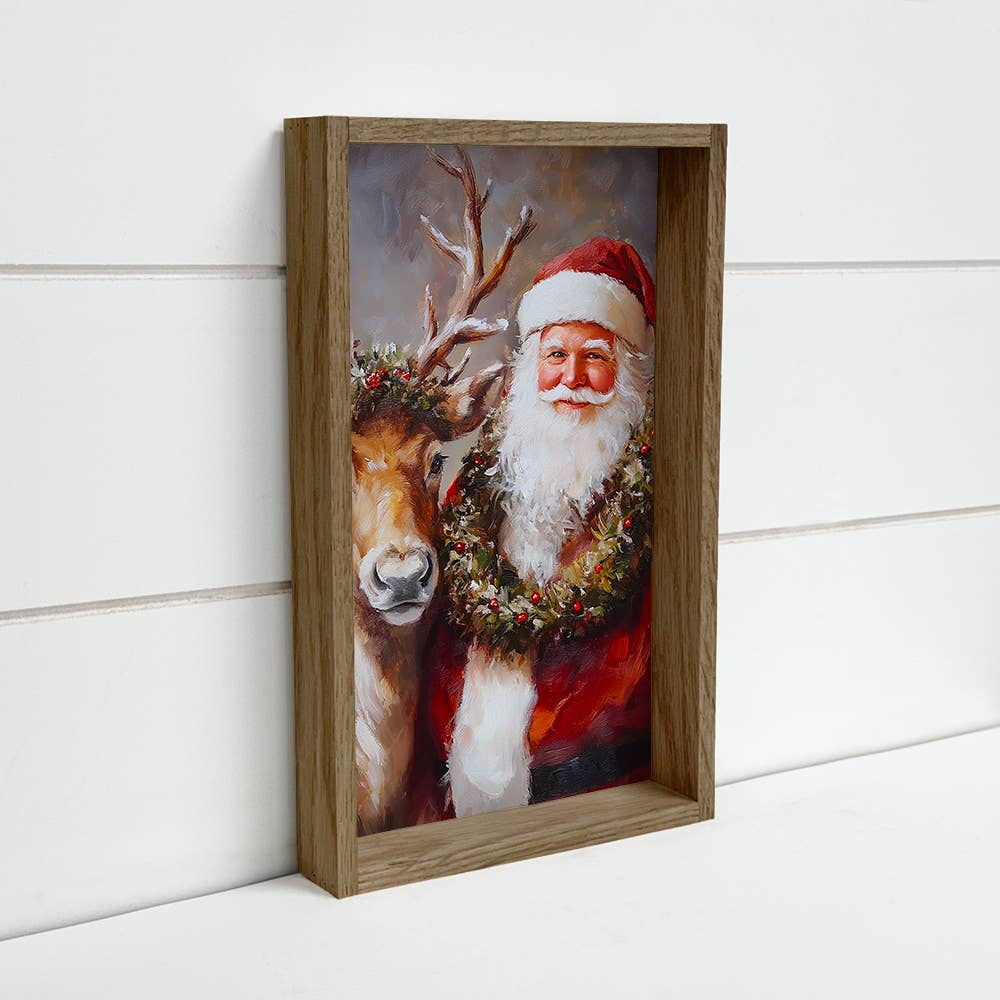 Santa Reindeer Portrait - Christmas Canvas Wall Art - Framed