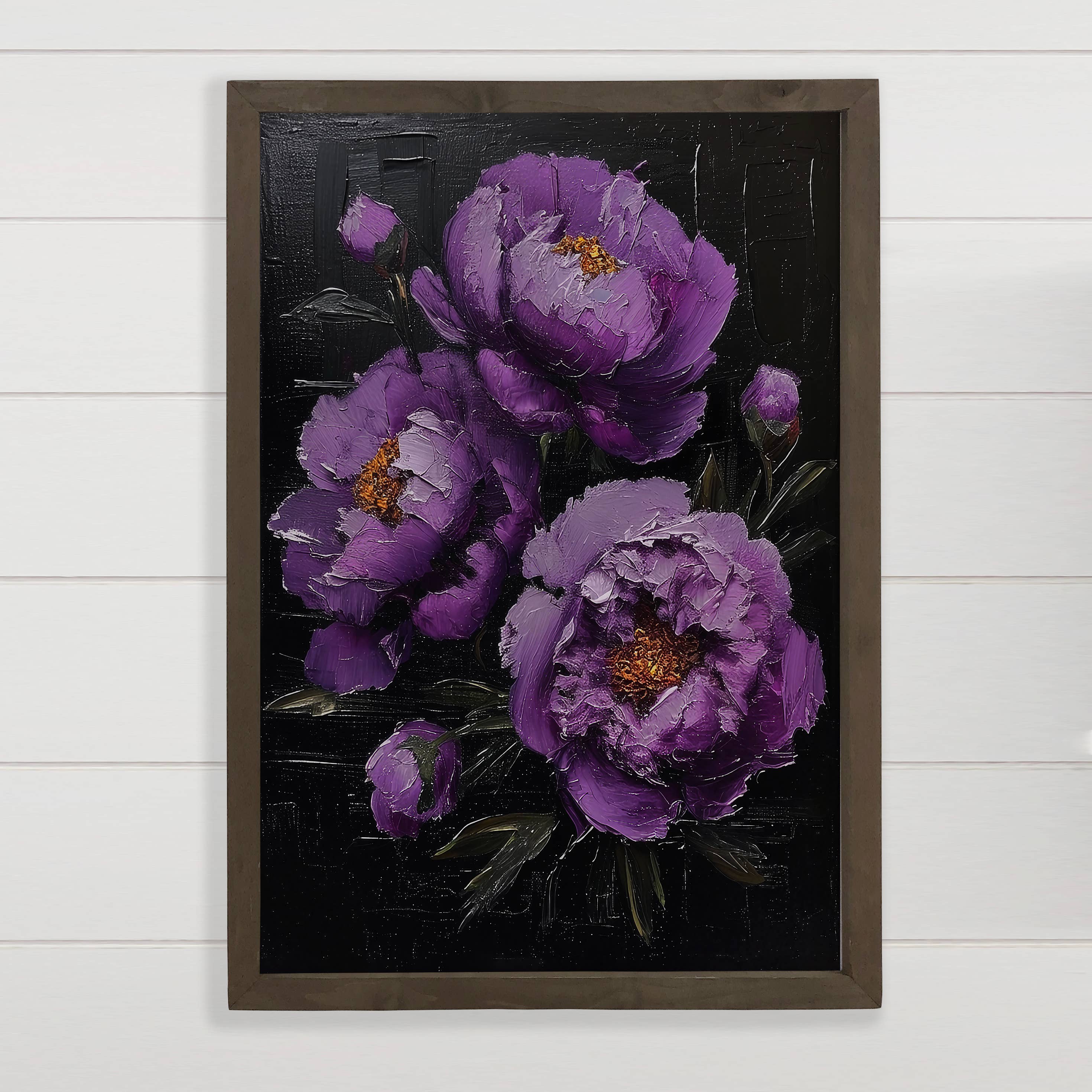 Purple Peonies on Black - Flower Canvas Art - Wood Framed