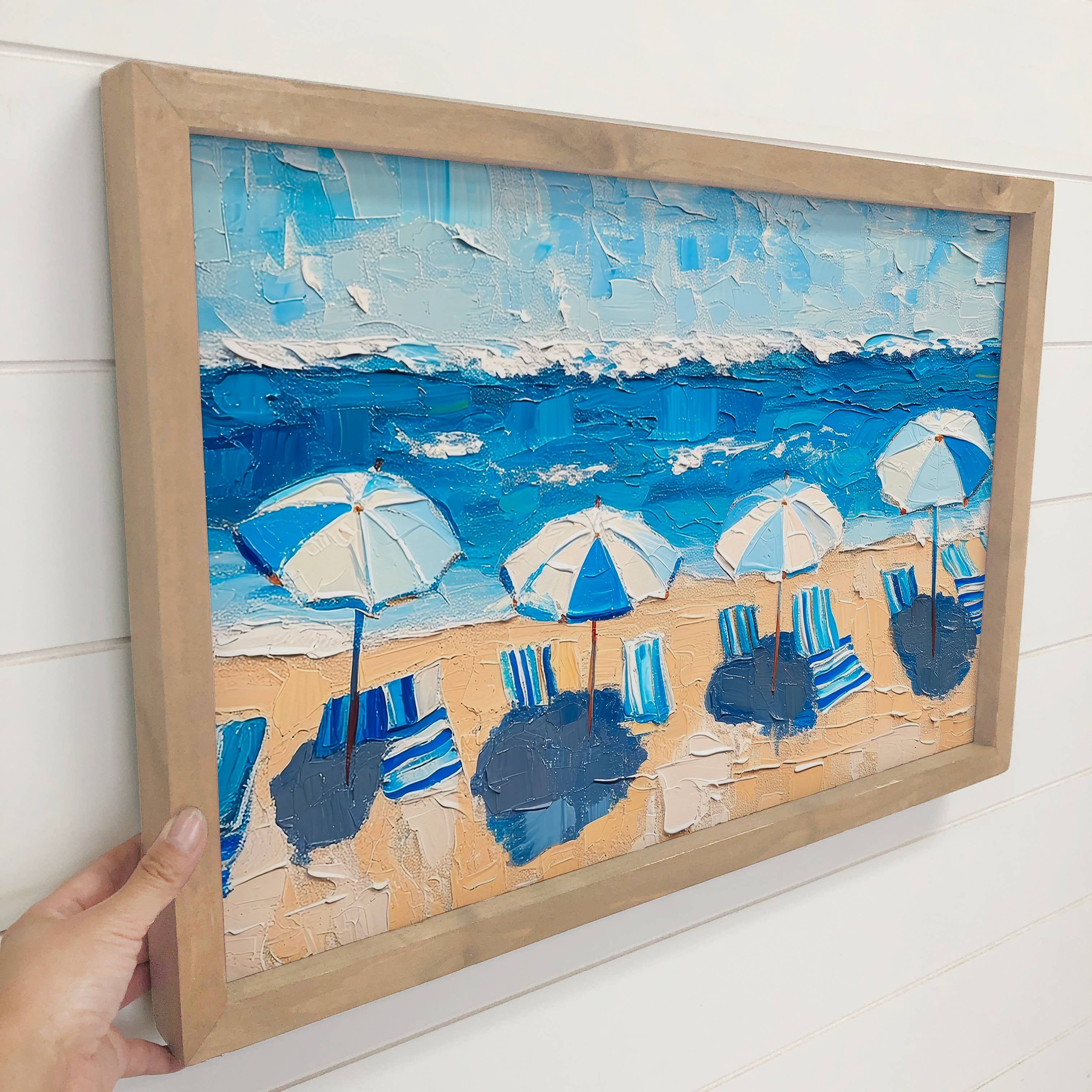 Blue and White Beach Scene - Beach Canvas Art - Wood Framed