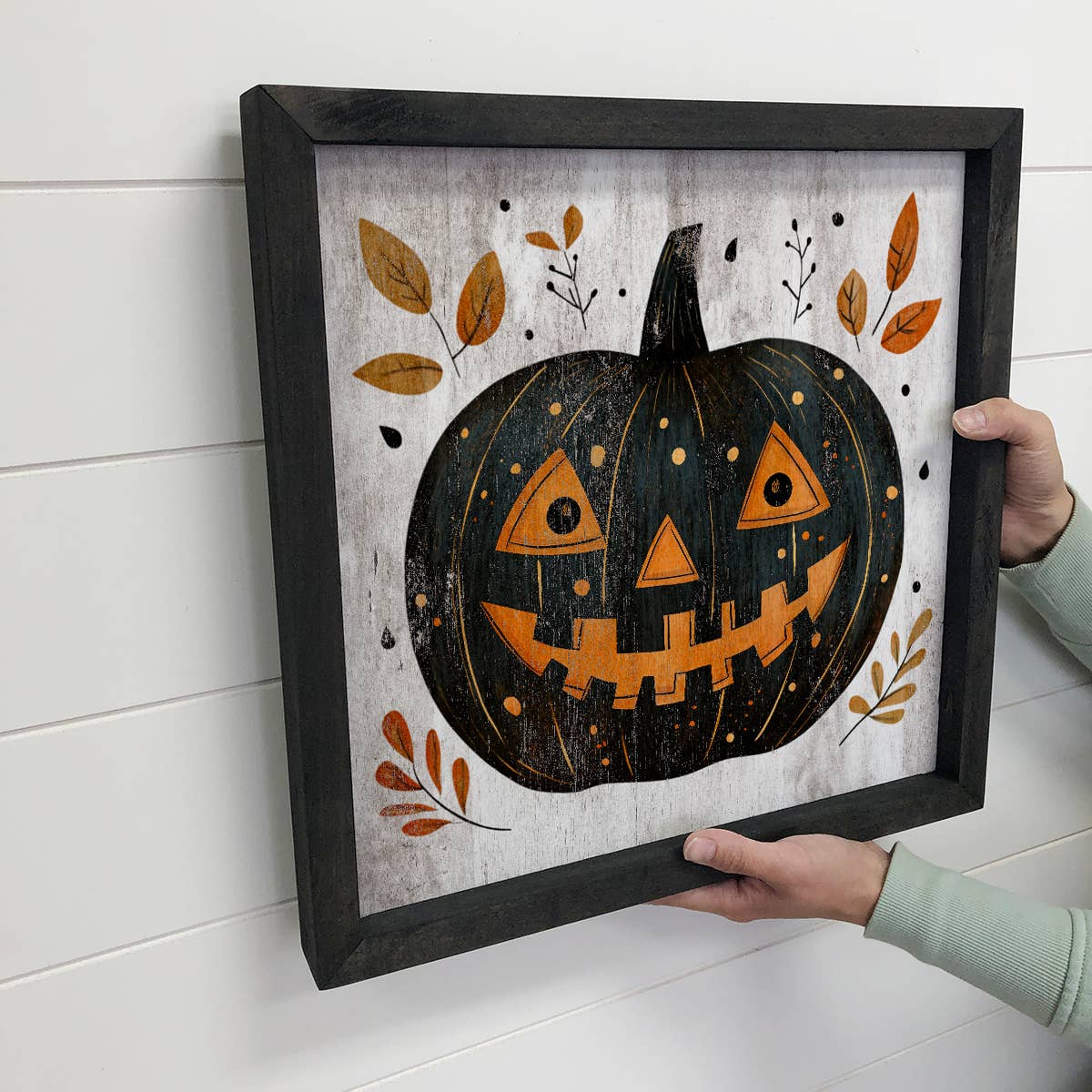 Folk Halloween Black Pumpkin - Halloween Canvas Art - Framed