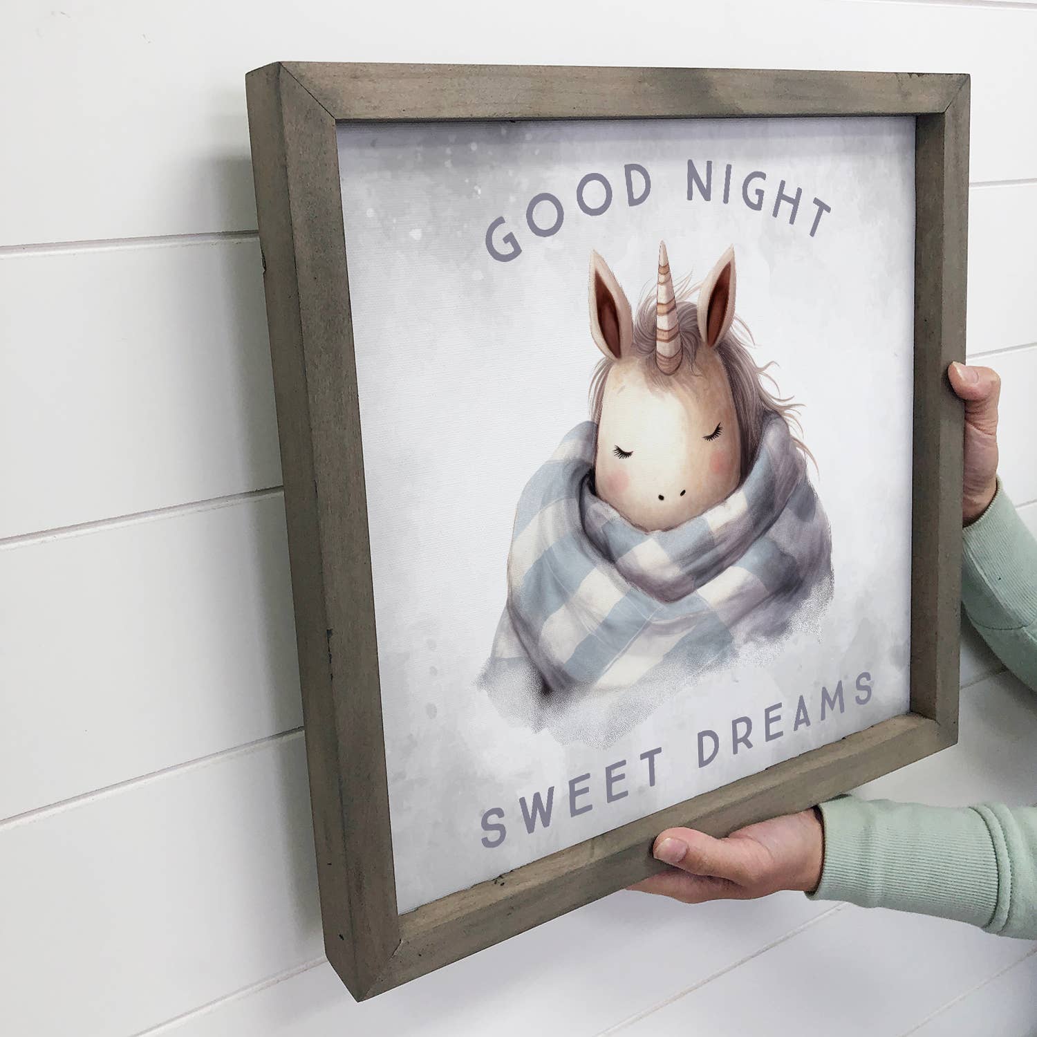 Good Night Unicorn in Blanket - Cute Animal Nursery Wall Art
