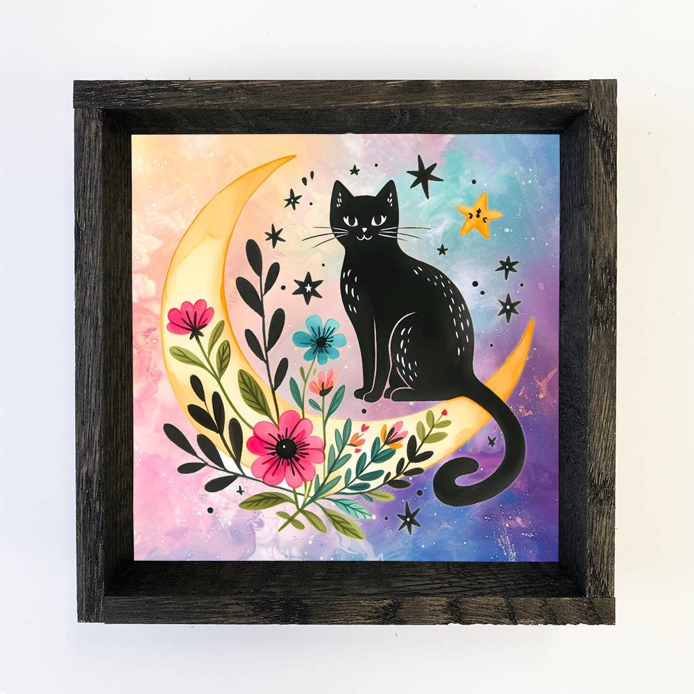 Celestial Moon and Cat - Cat Canvas Art - Wood Framed Decor