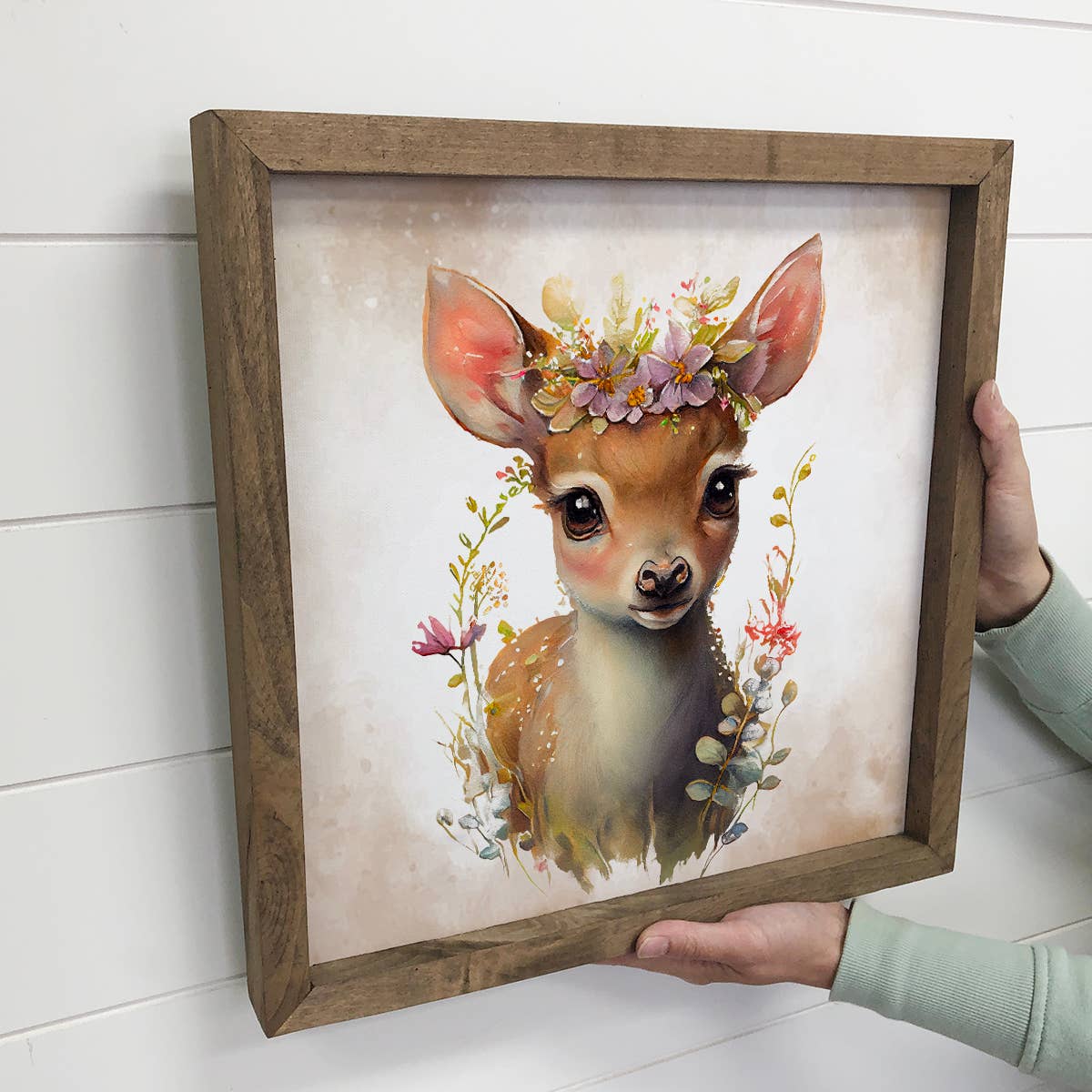 Cute Flower Deer - Nursery Art With Rustic Wood Frame