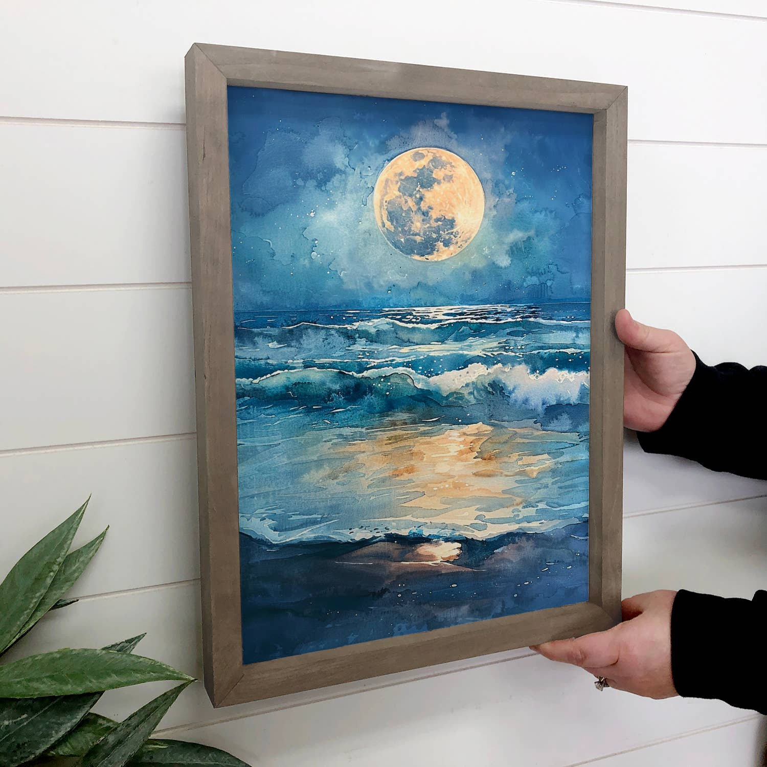 Moon Ocean Tides - Ocean Canvas Art - Wood Framed Artwork