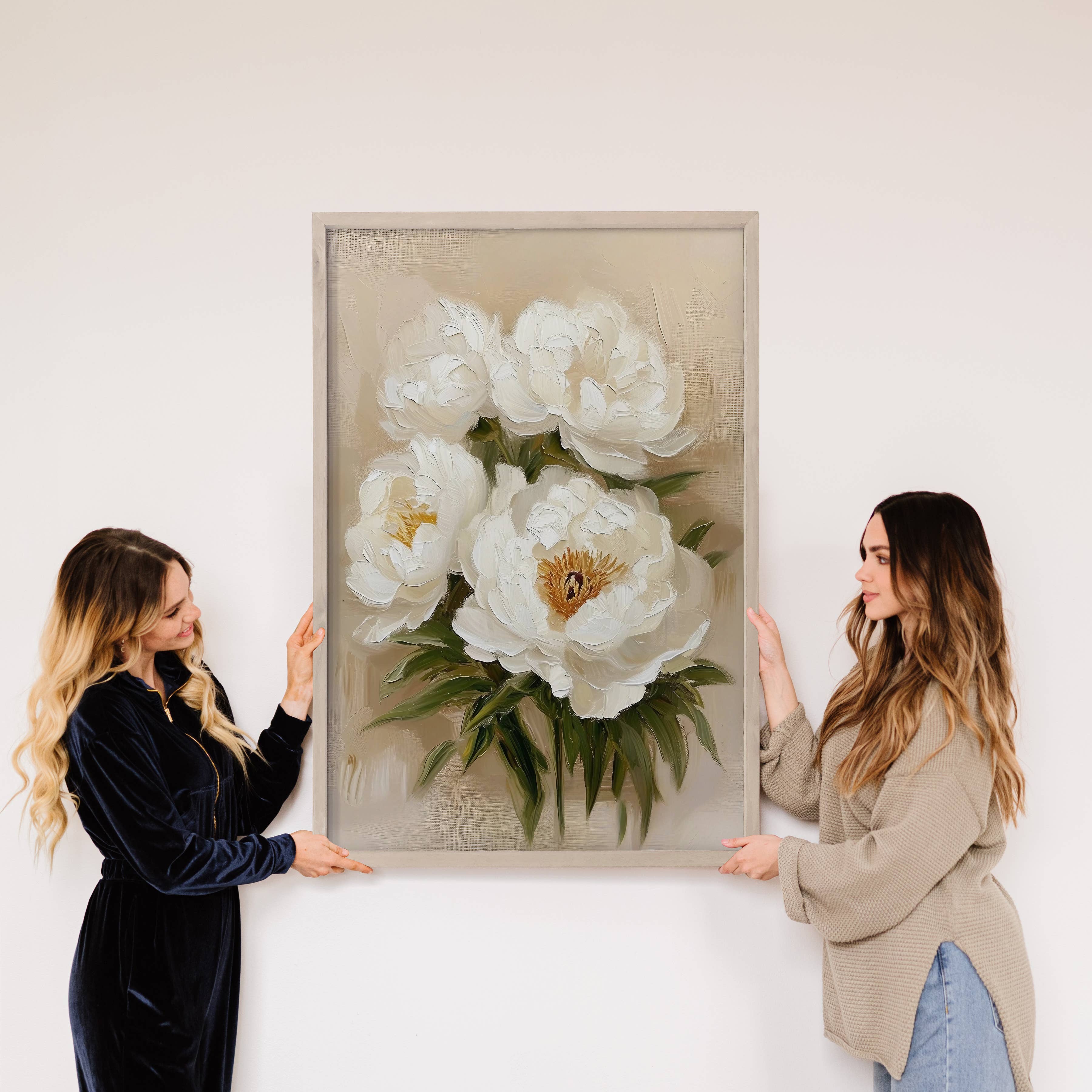 White Peonies Impressionist - Flower Canvas Art - Wood Frame