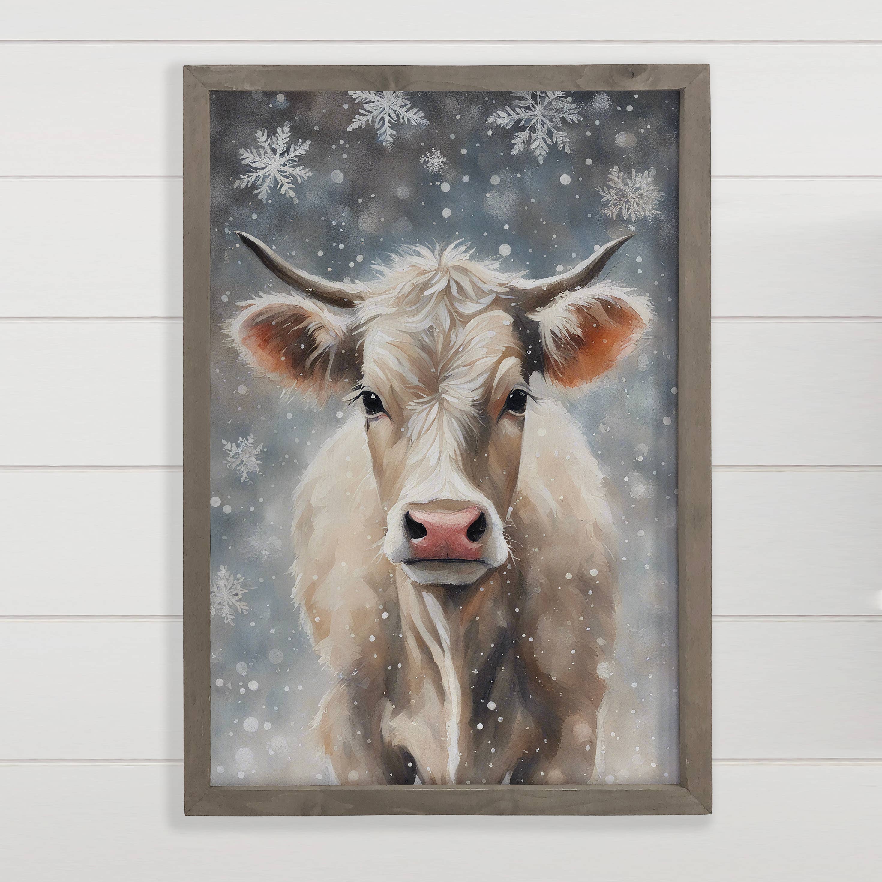 Snowflakes Baby White Cow - Winter Cow Canvas Art - Framed