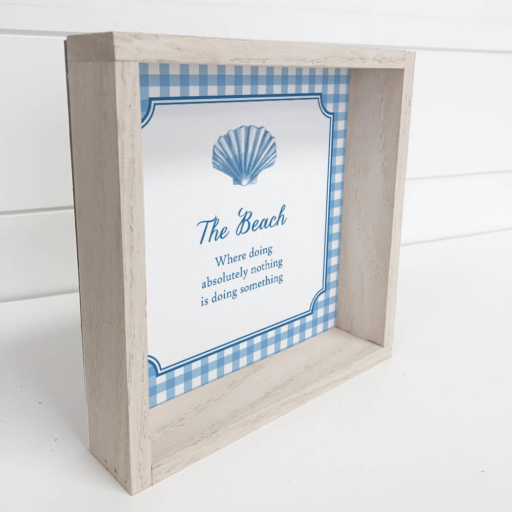 The Beach Gingham Blue - Beach Canvas Art - Wood Framed Art