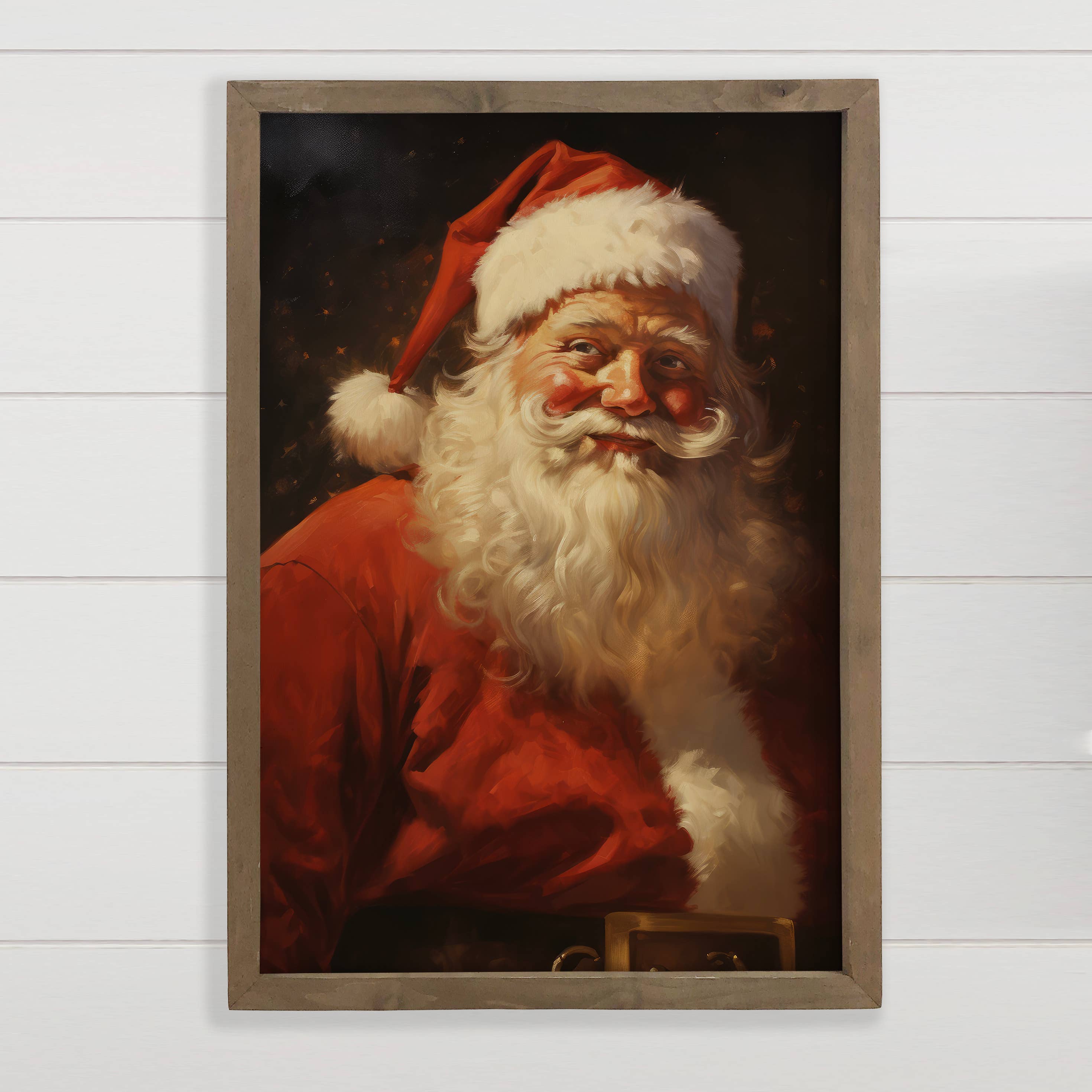 Santa Dark Portrait - Holiday Canvas Art - Wood Framed Decor