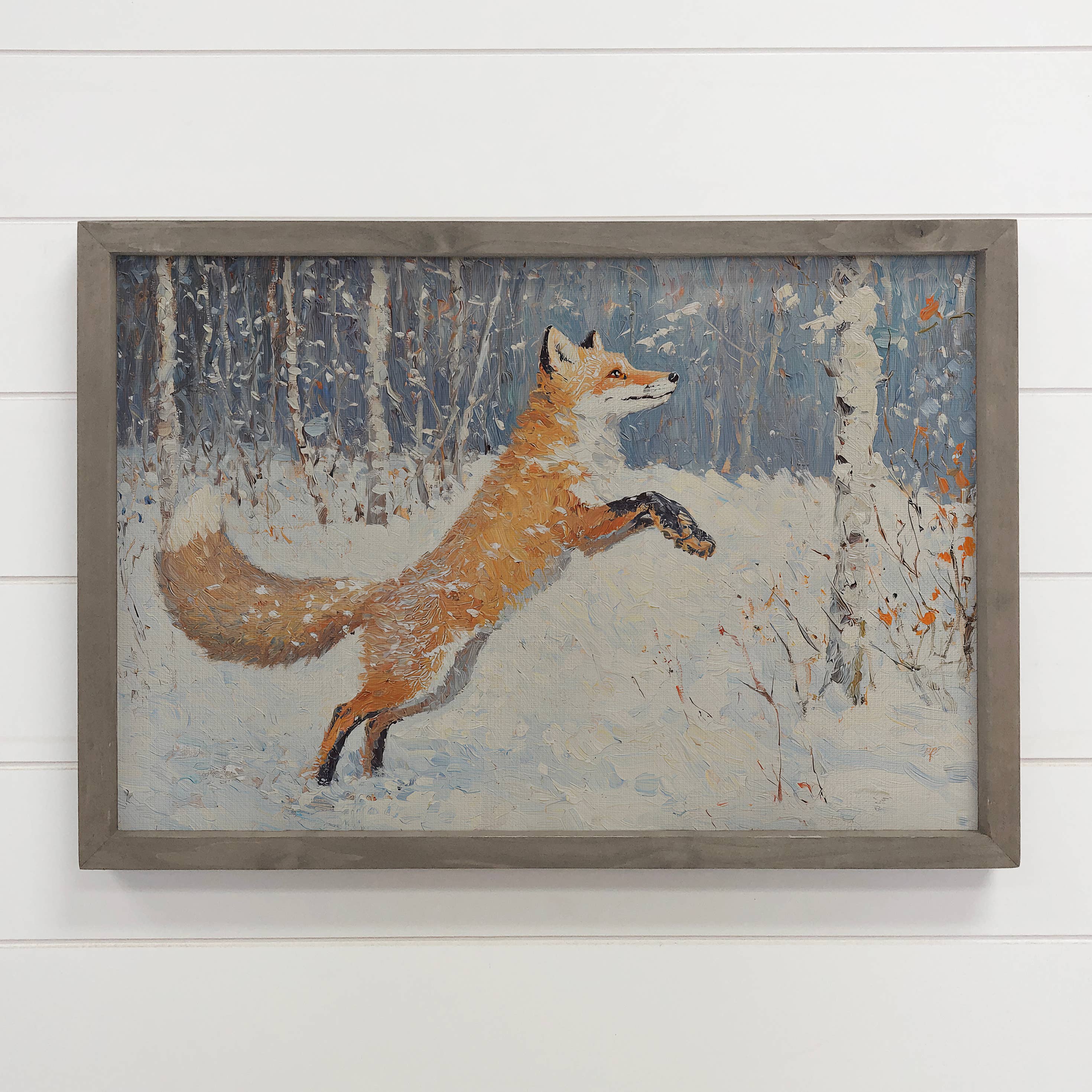 Winter Leaping Fox - Fox Canvas Art - Wood Framed Wall Art
