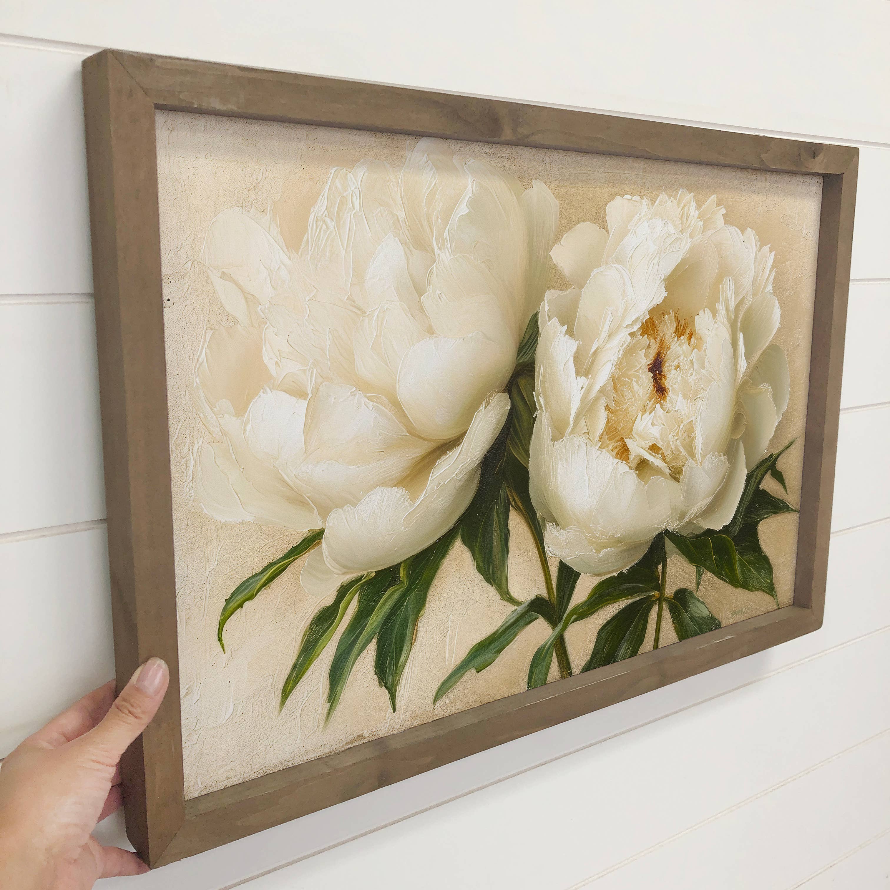 White Cream Peonies Wall Art Print with Wood Frame