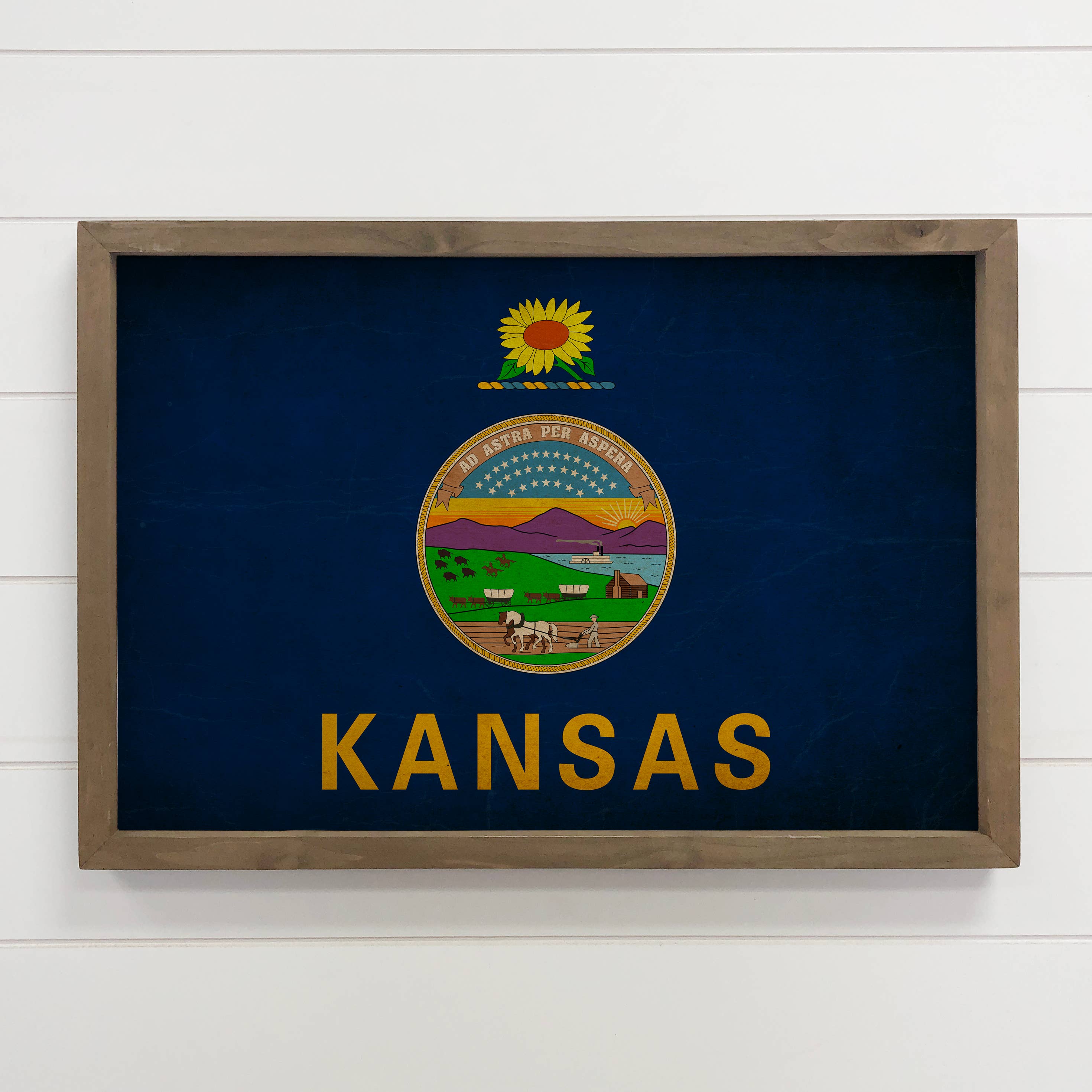 Kansas Vintage Flag - Any State Framed Canvas Art Wood Sign