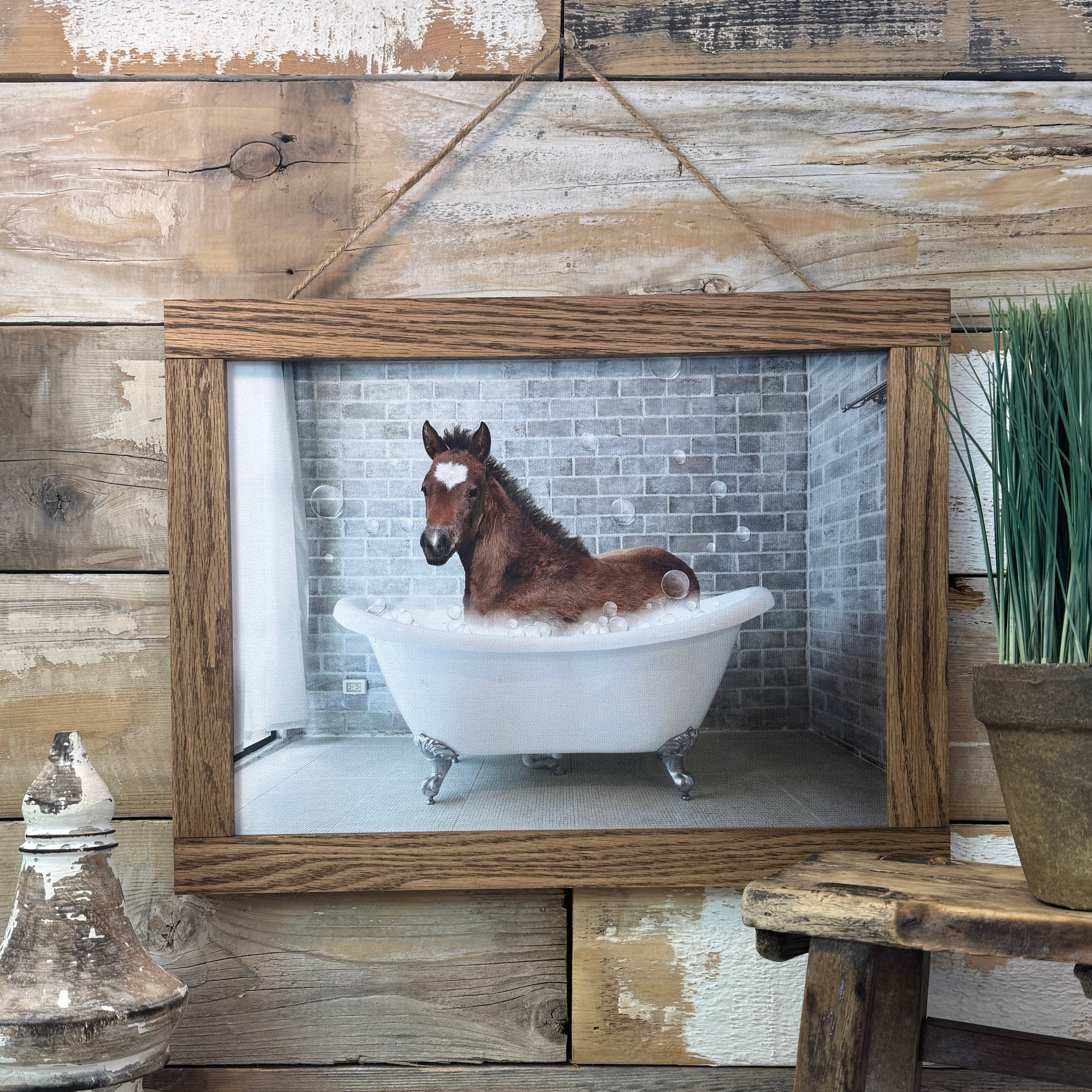Horse in Bathtub Funny Bathroom Wood Sign Framed