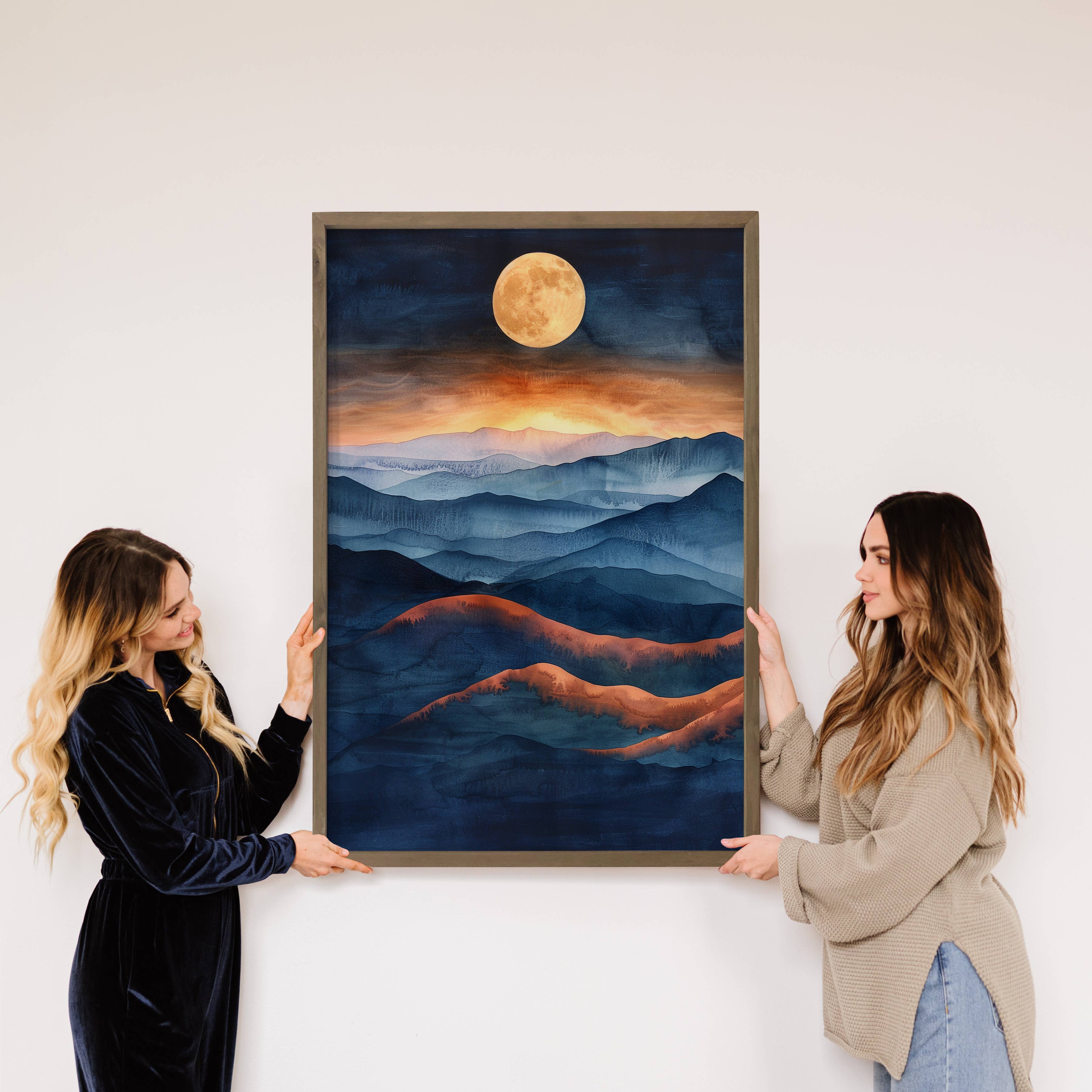 Moon Rising Over Mountains - Mountain Canvas Art - Framed